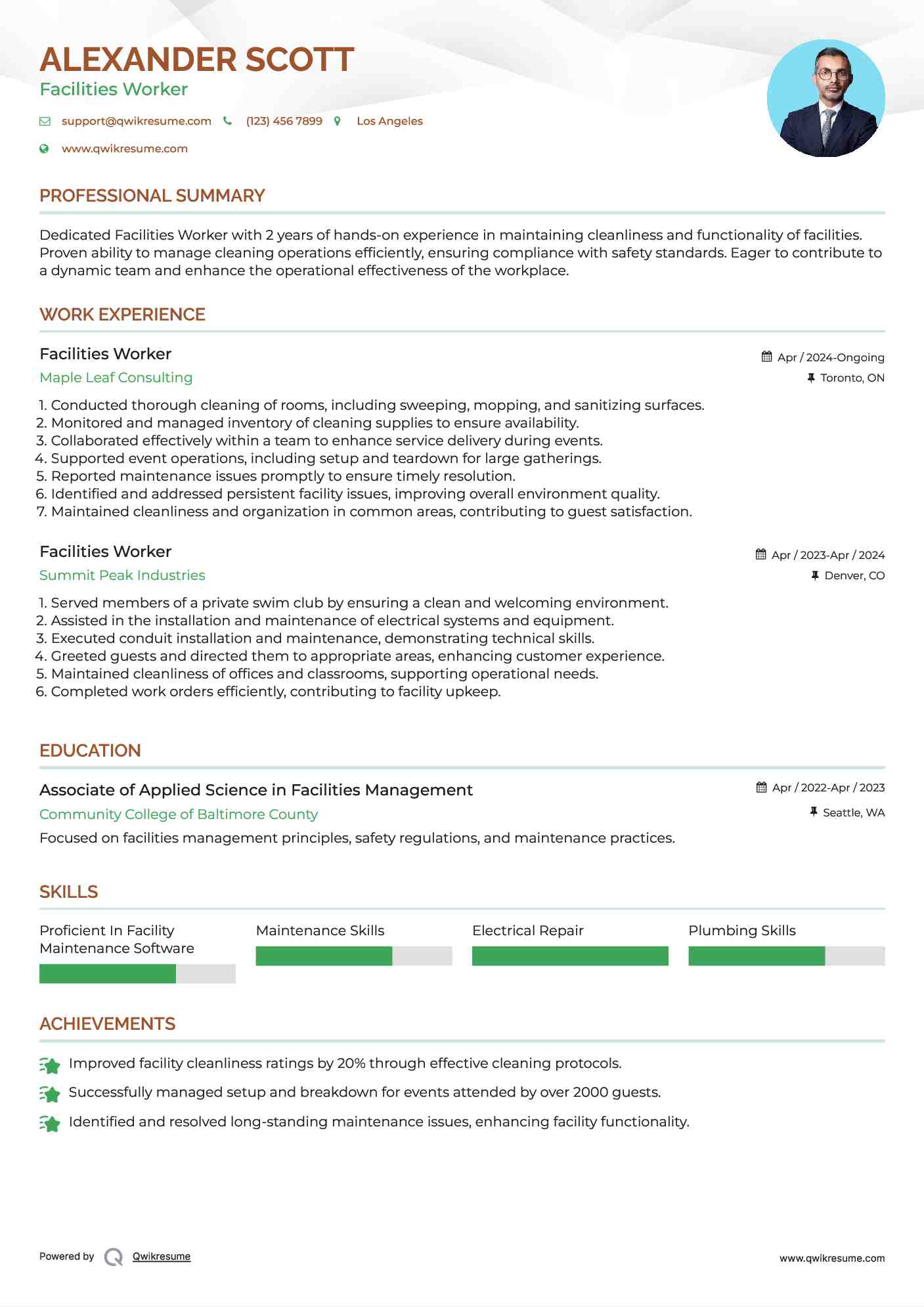 Facilities Worker Resume Model