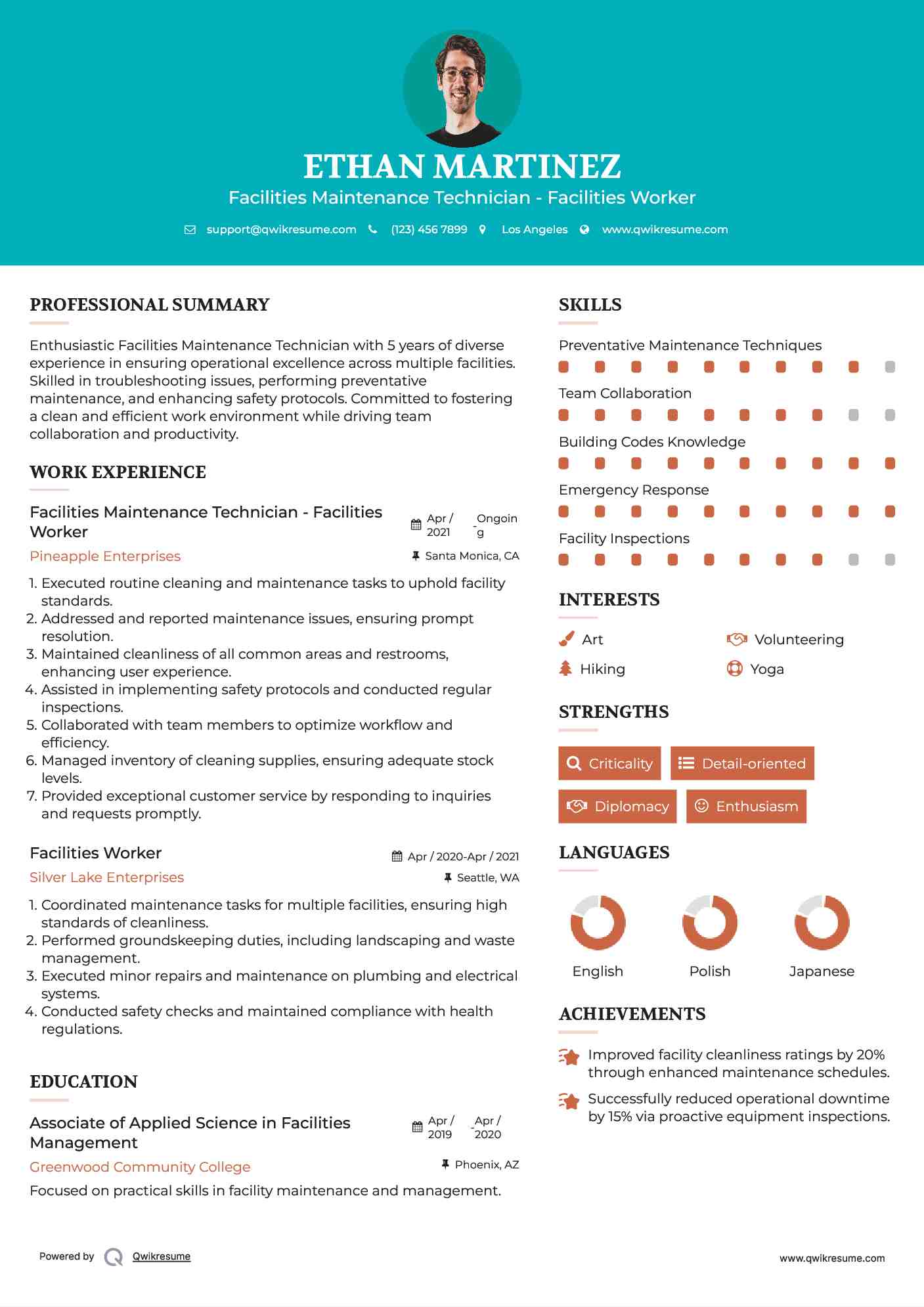 Facilities Maintenance Technician - Facilities Worker Resume Sample