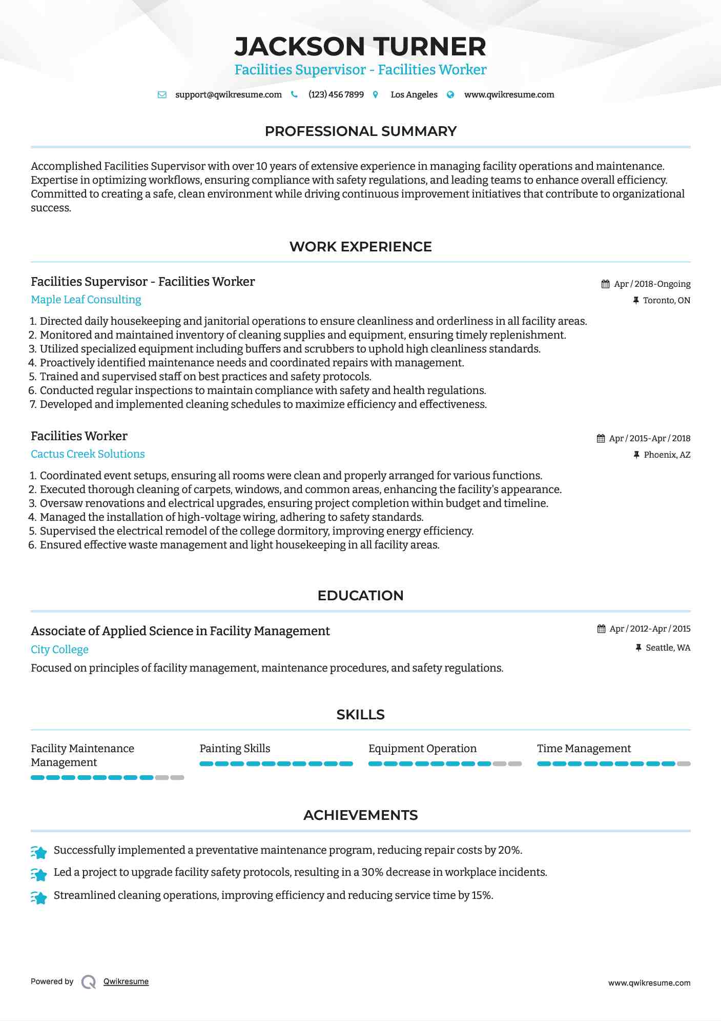 Facilities Supervisor - Facilities Worker Resume Sample