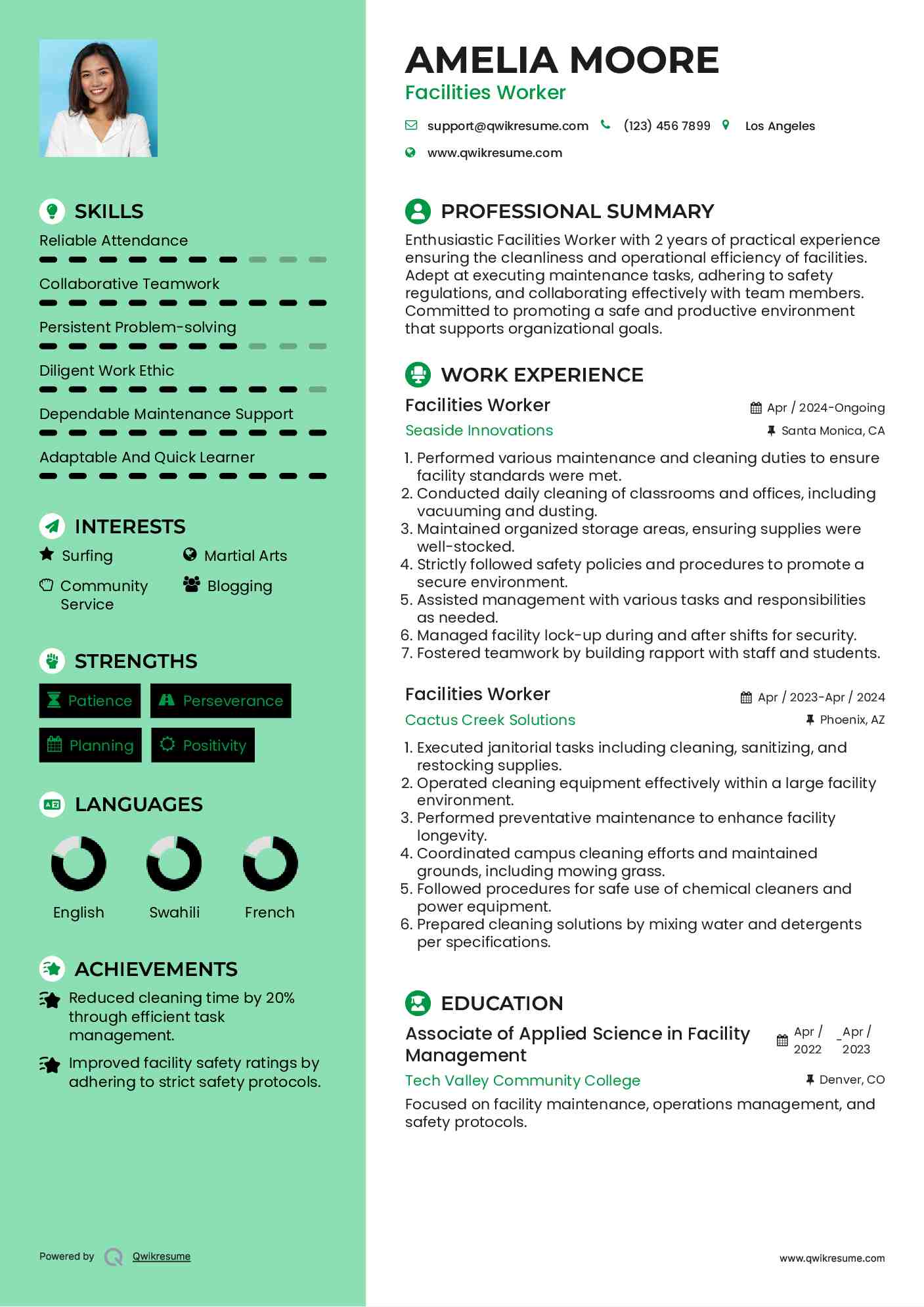 Facilities Worker Resume Example