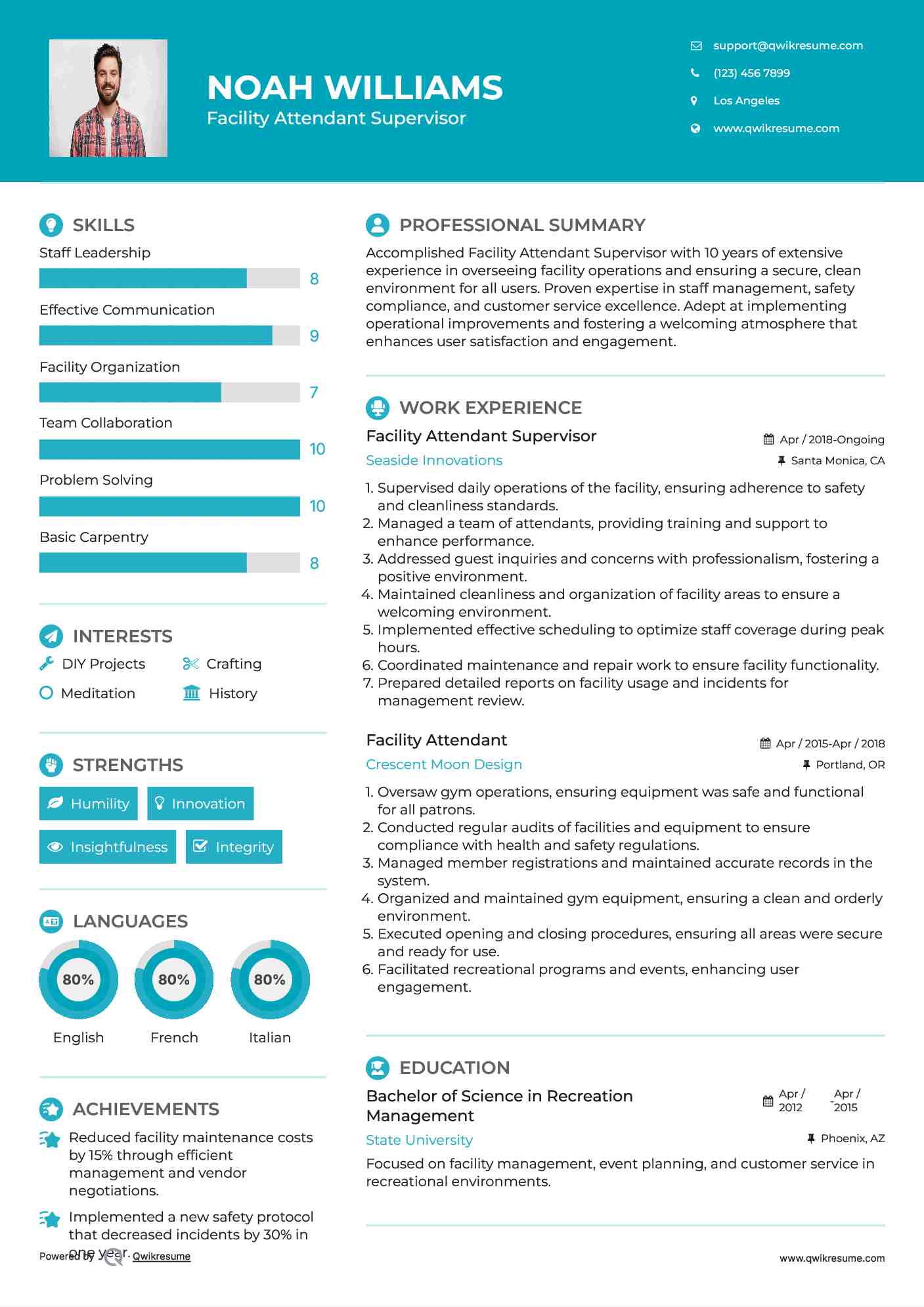 Facility Attendant Supervisor Resume Example