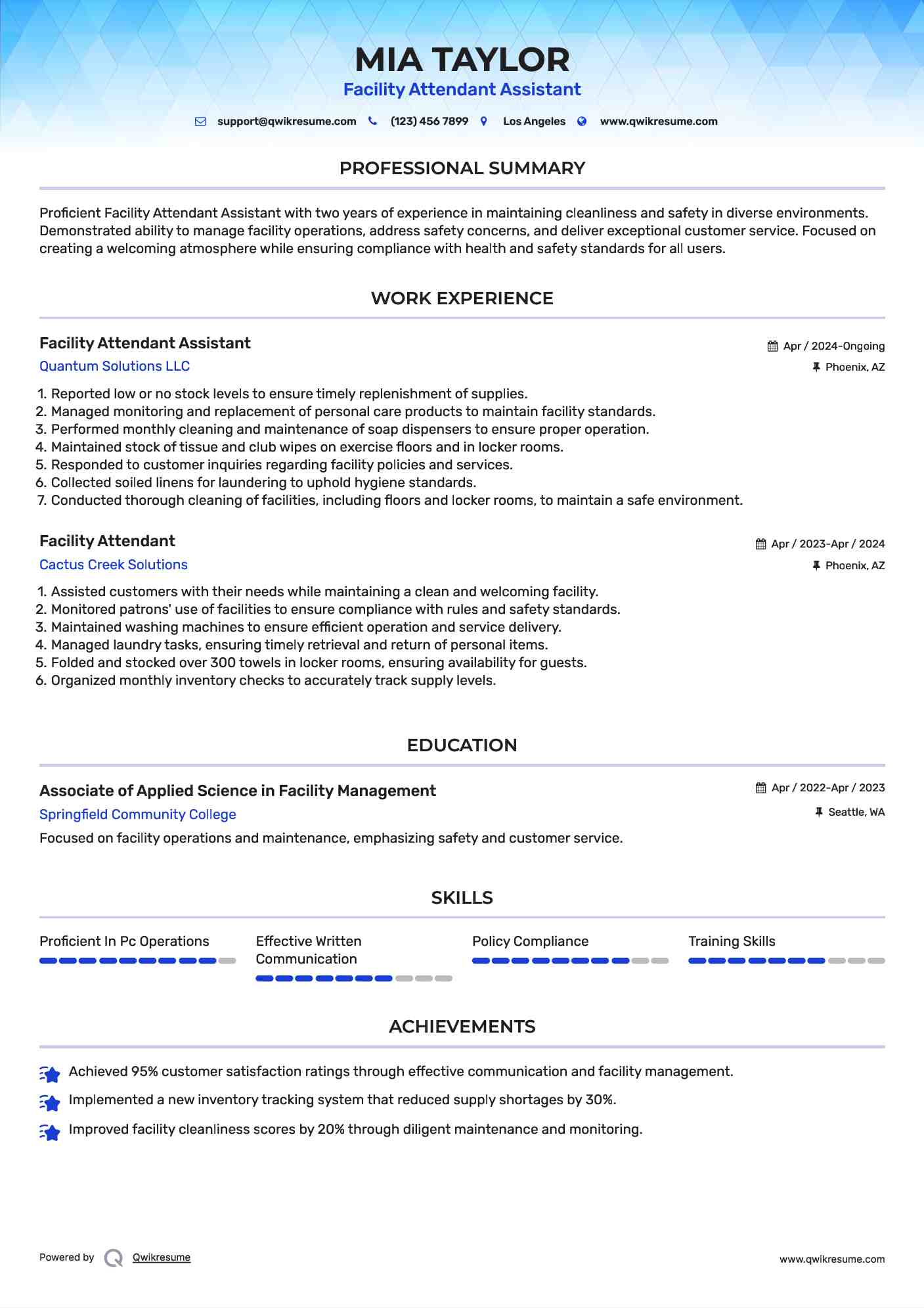 Facility Attendant Assistant Resume Template
