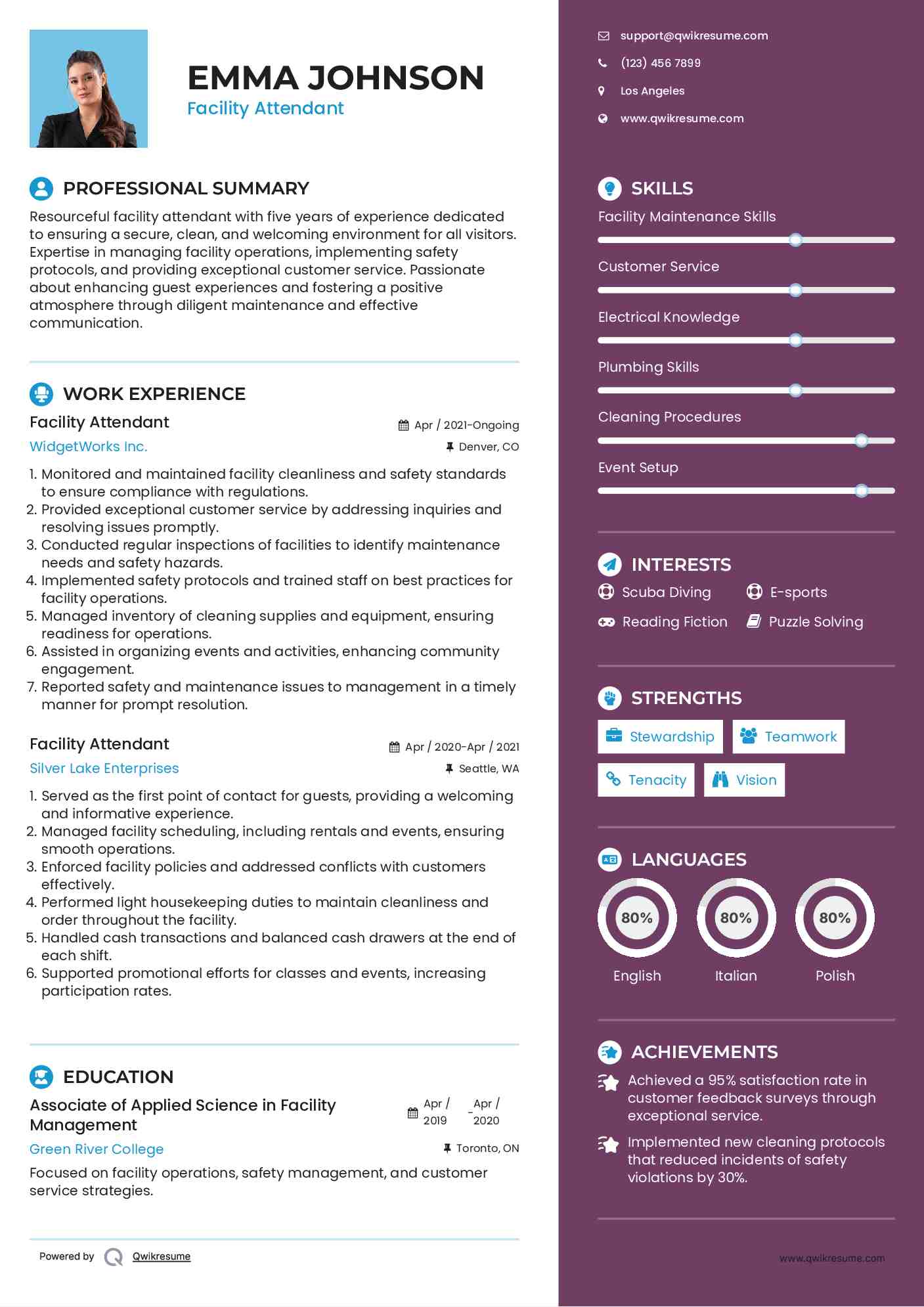 Facility Attendant Resume Sample