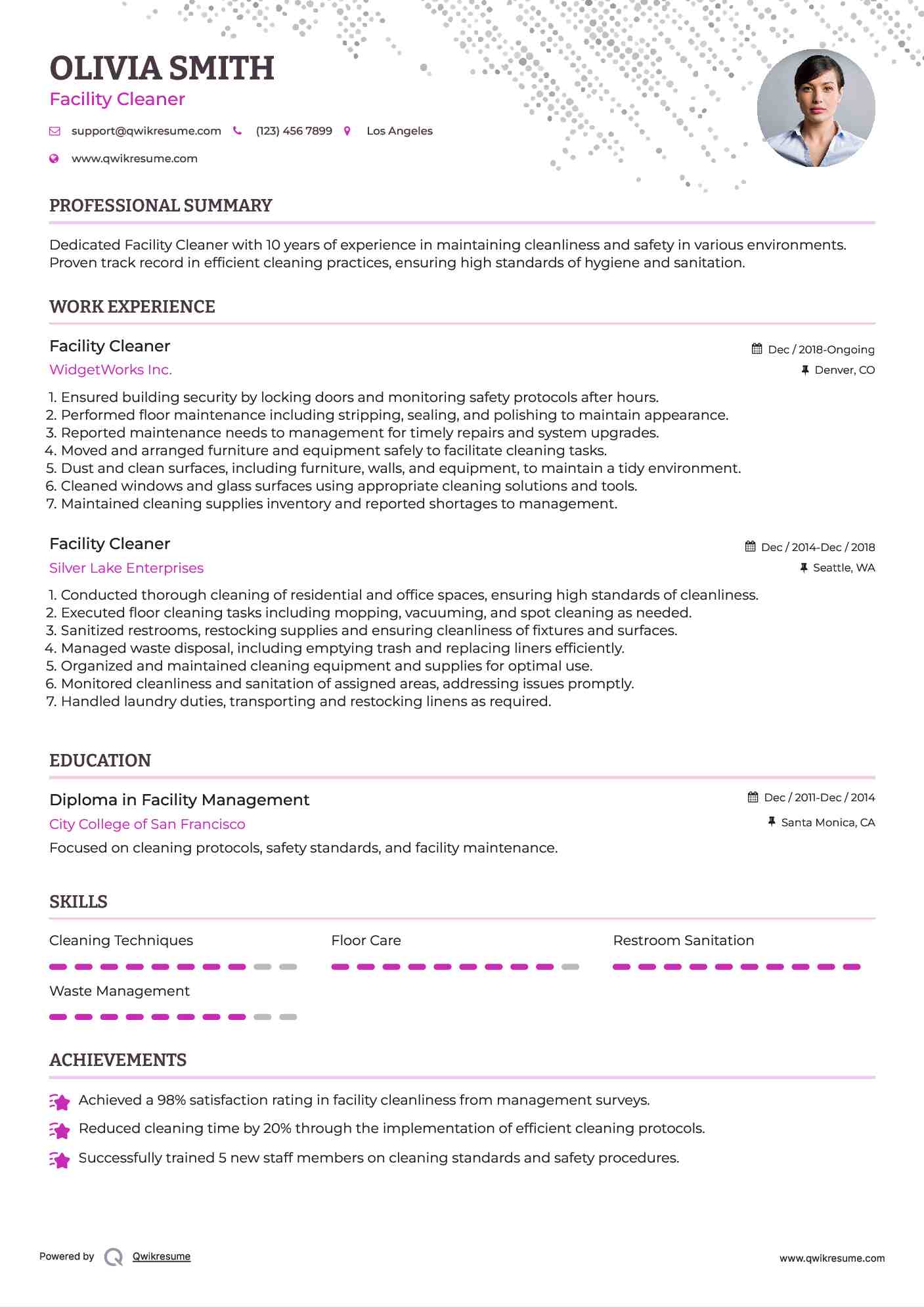 Facility Cleaner Resume Model