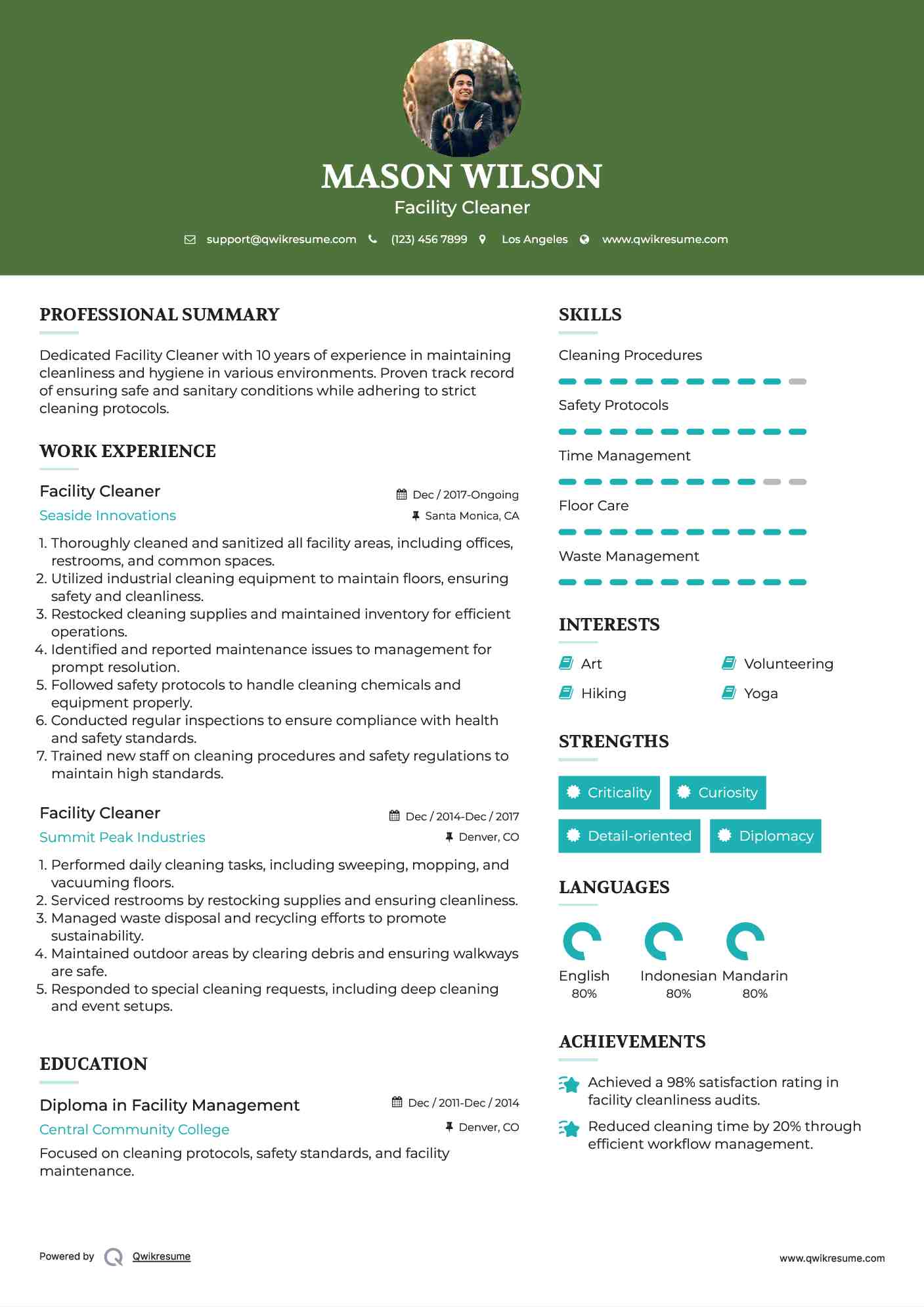 Facility Cleaner Resume Model