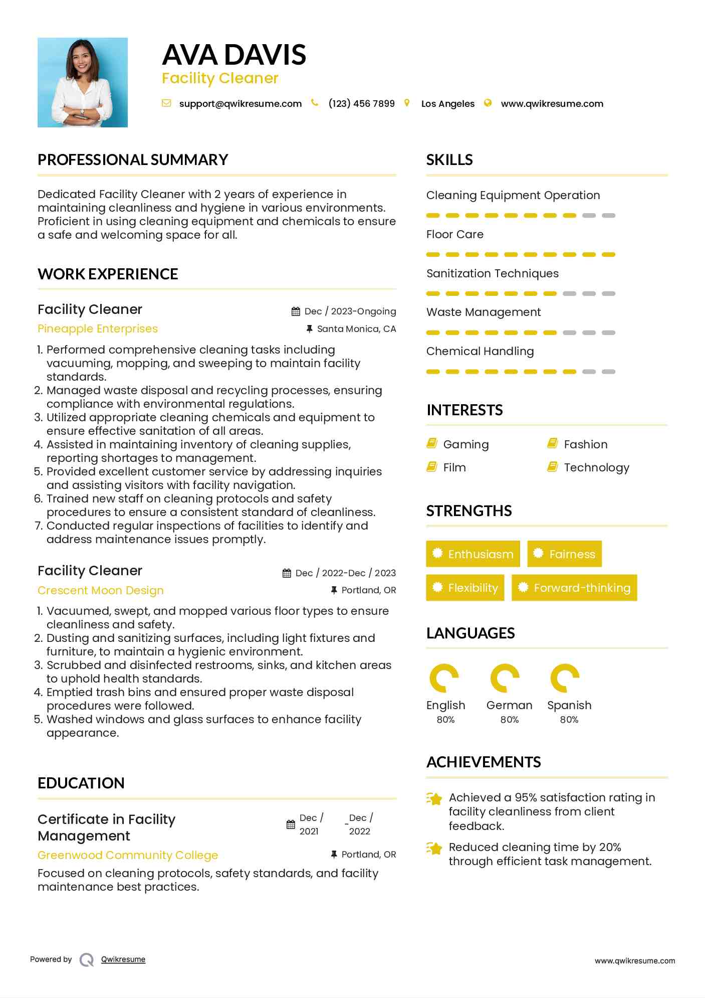 Facility Cleaner Resume Template