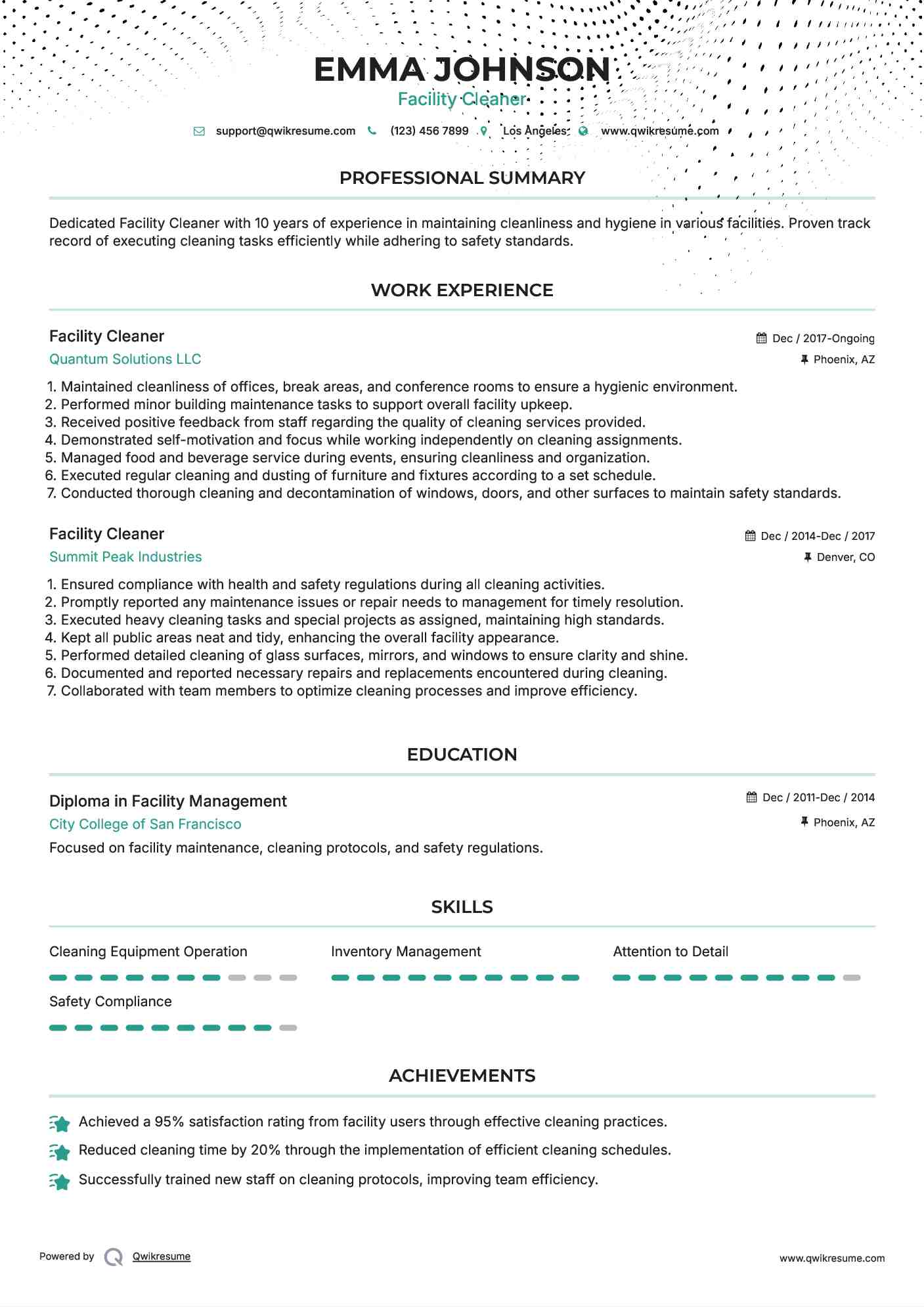 Facility Cleaner Resume Example