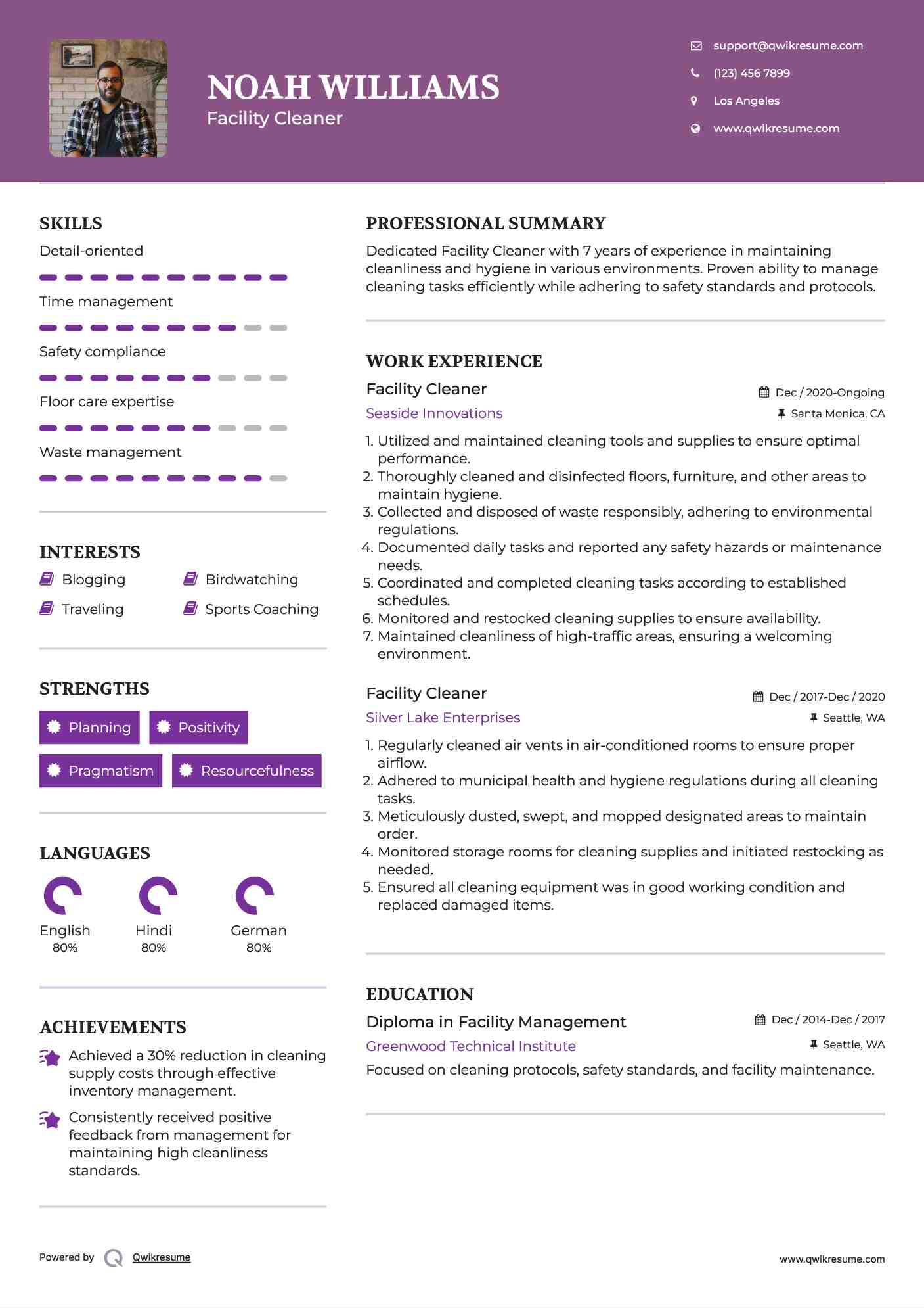 Facility Cleaner Resume Template