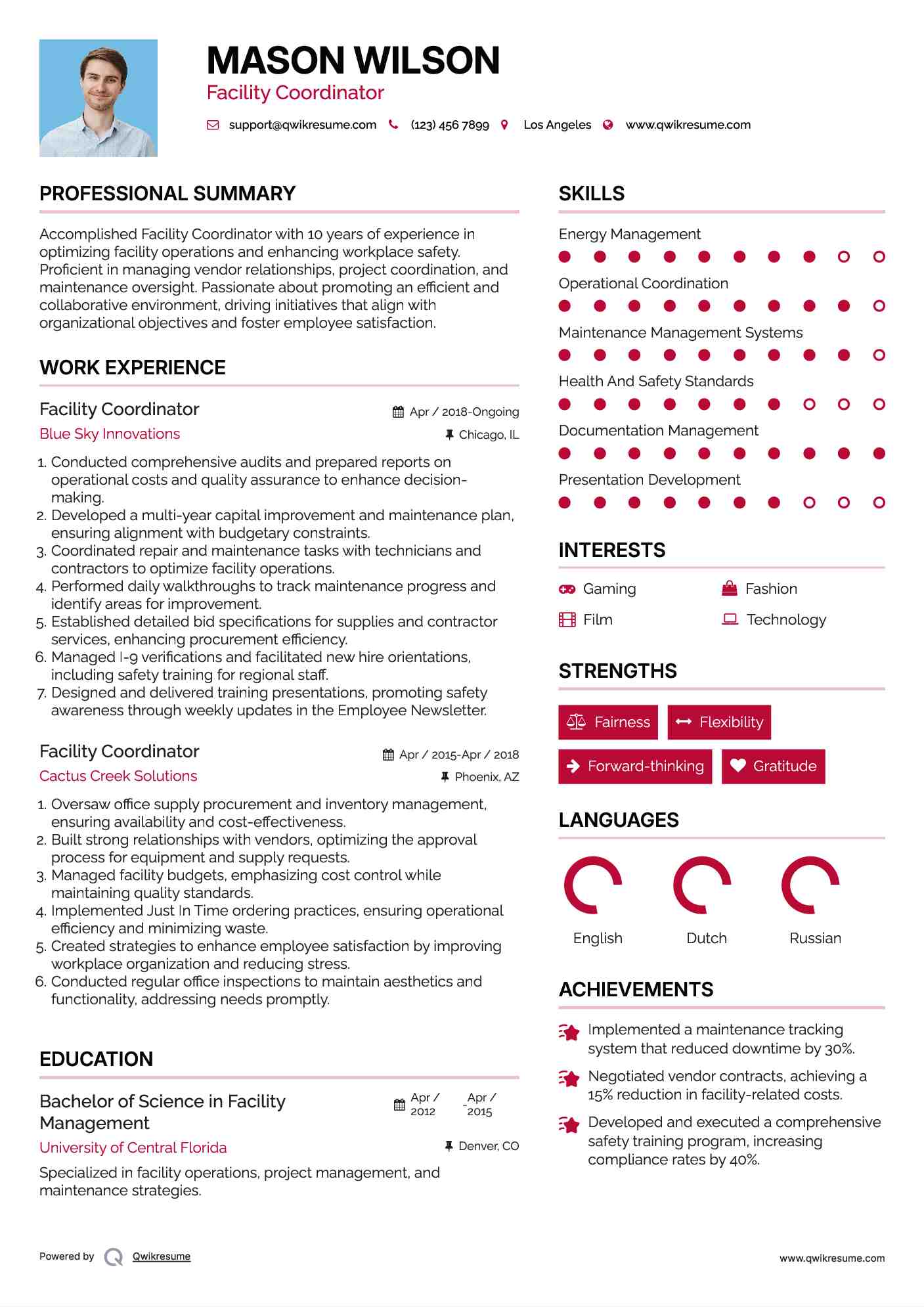 Facility Coordinator Resume Template