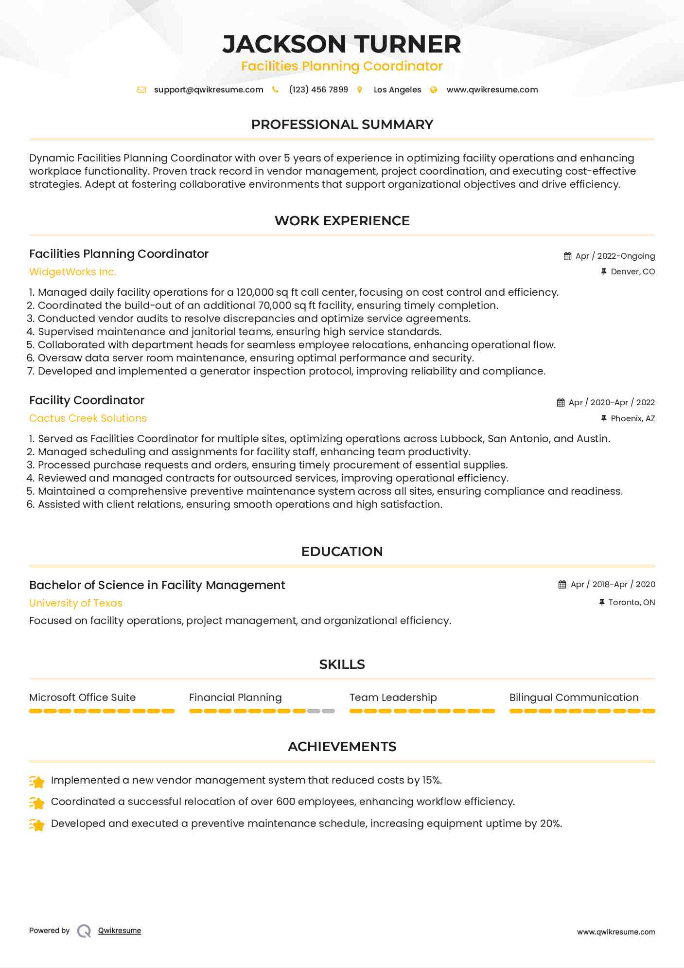 Facilities Planning Coordinator Resume Format
