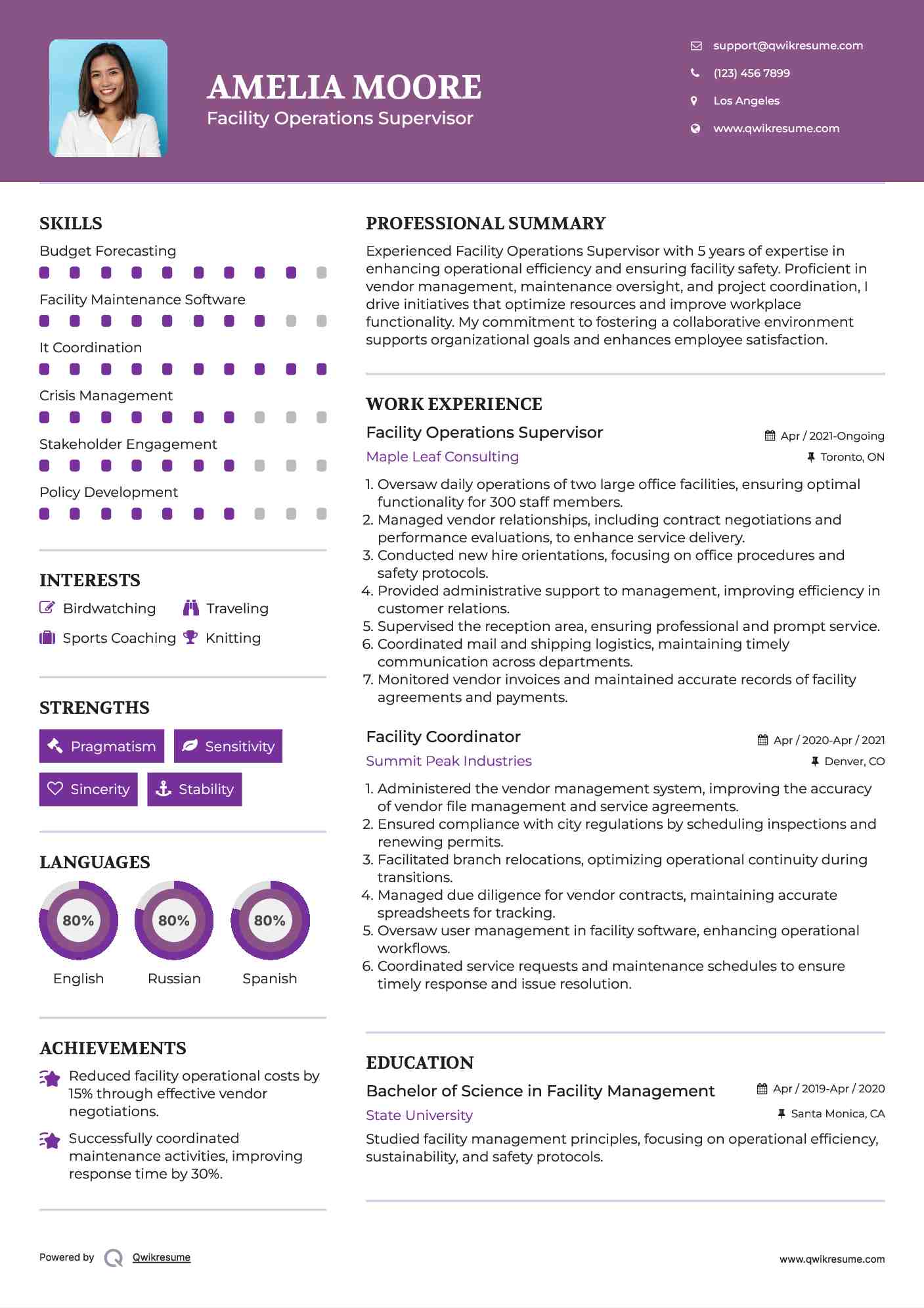 Facility Operations Supervisor Resume Model