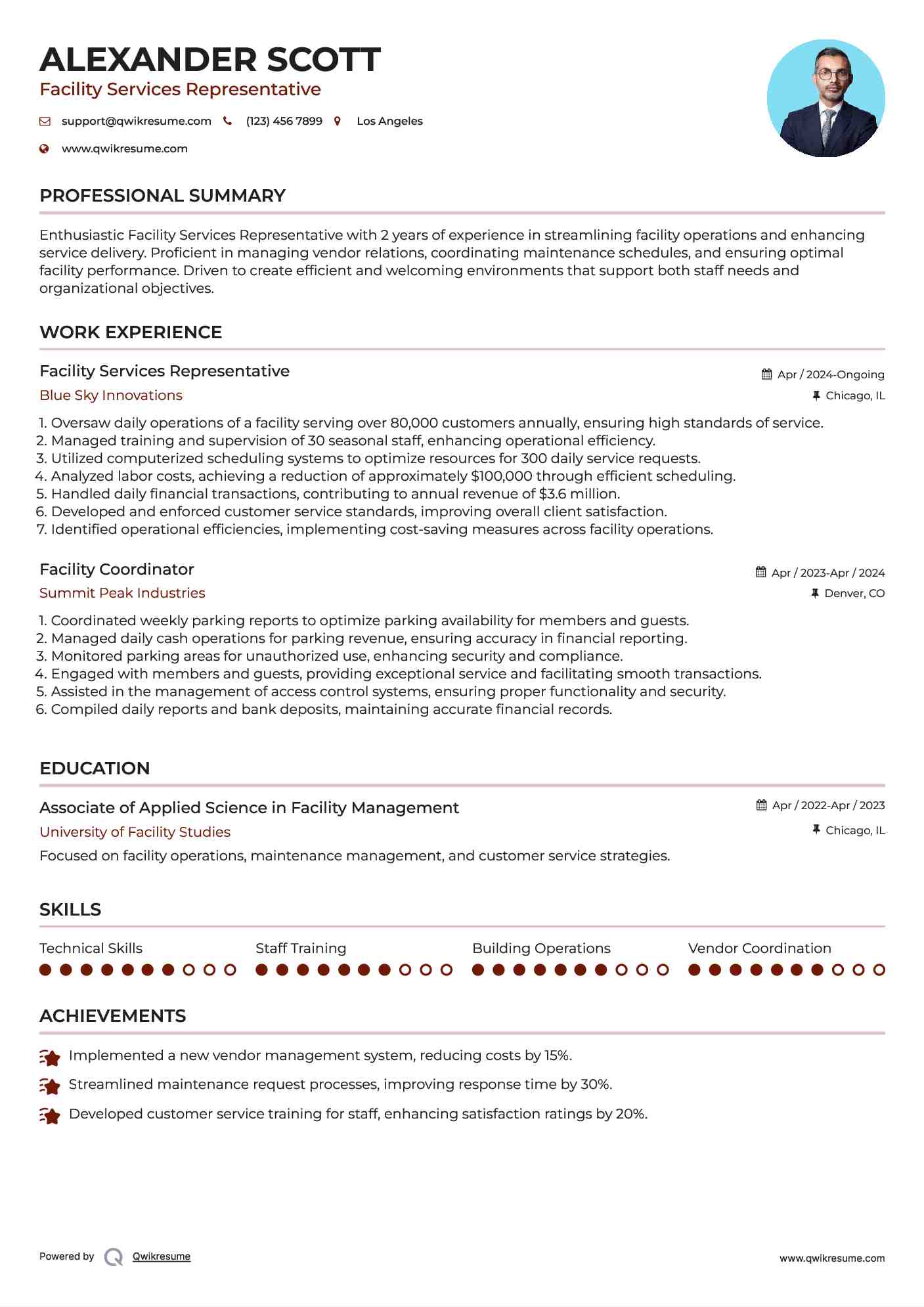 Facility Services Representative Resume Sample
