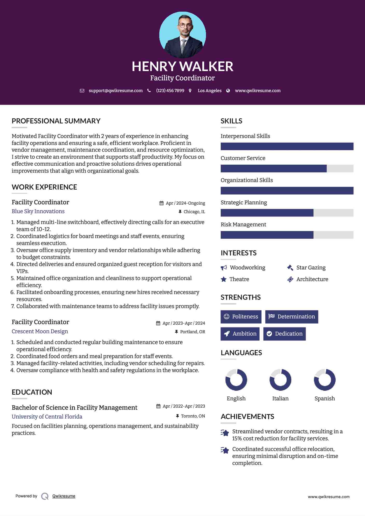 Facility Coordinator Resume Model