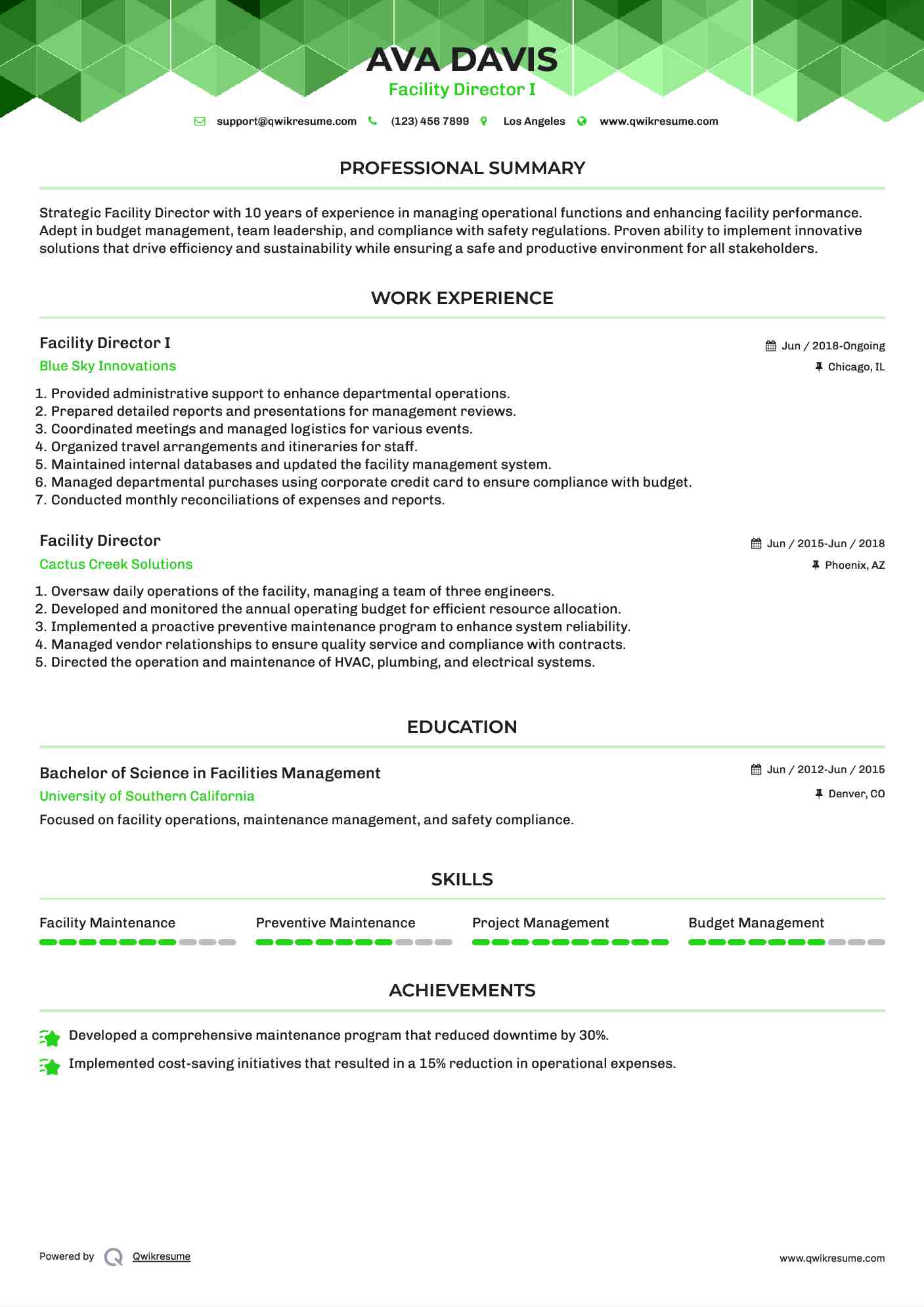 Facility Director I Resume Template