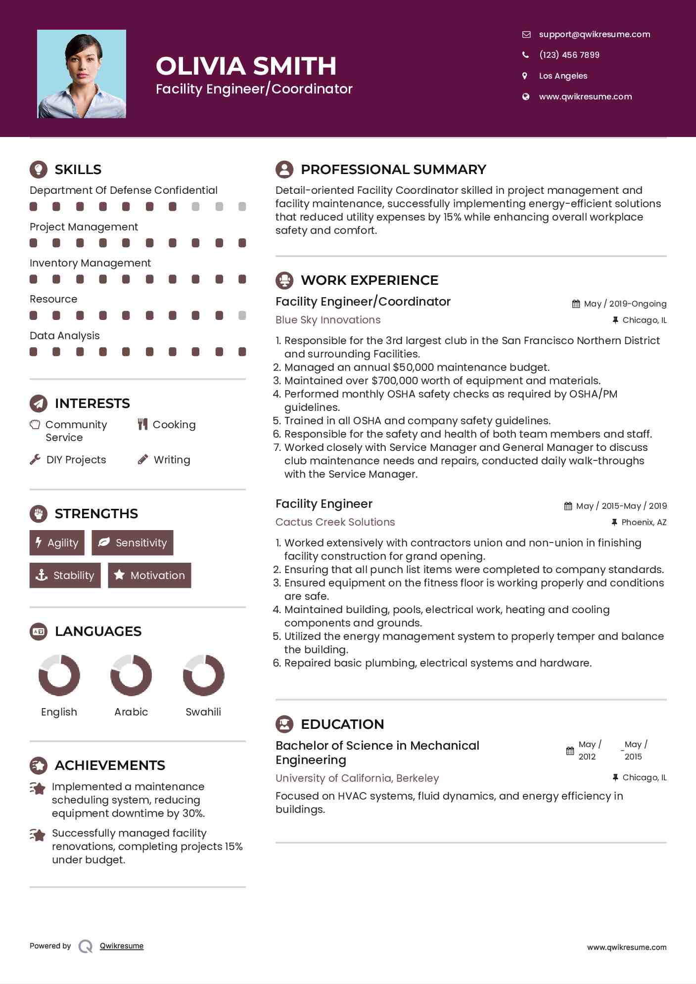 Facility Engineer/Coordinator Resume Example