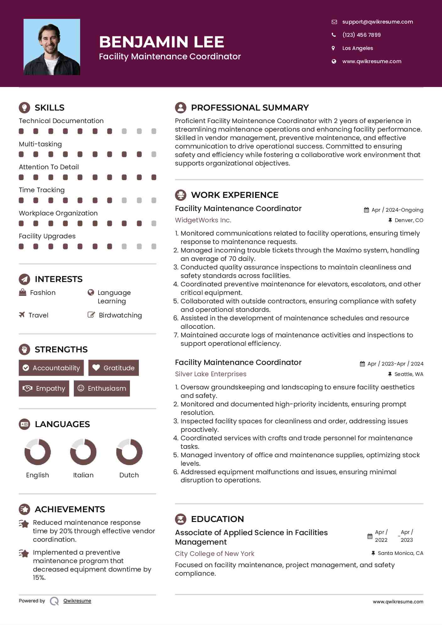 Facility Maintenance Coordinator Resume Model