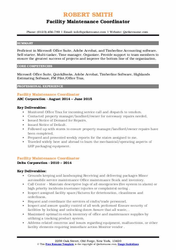 Facility Maintenance Coordinator Resume Samples QwikResume
