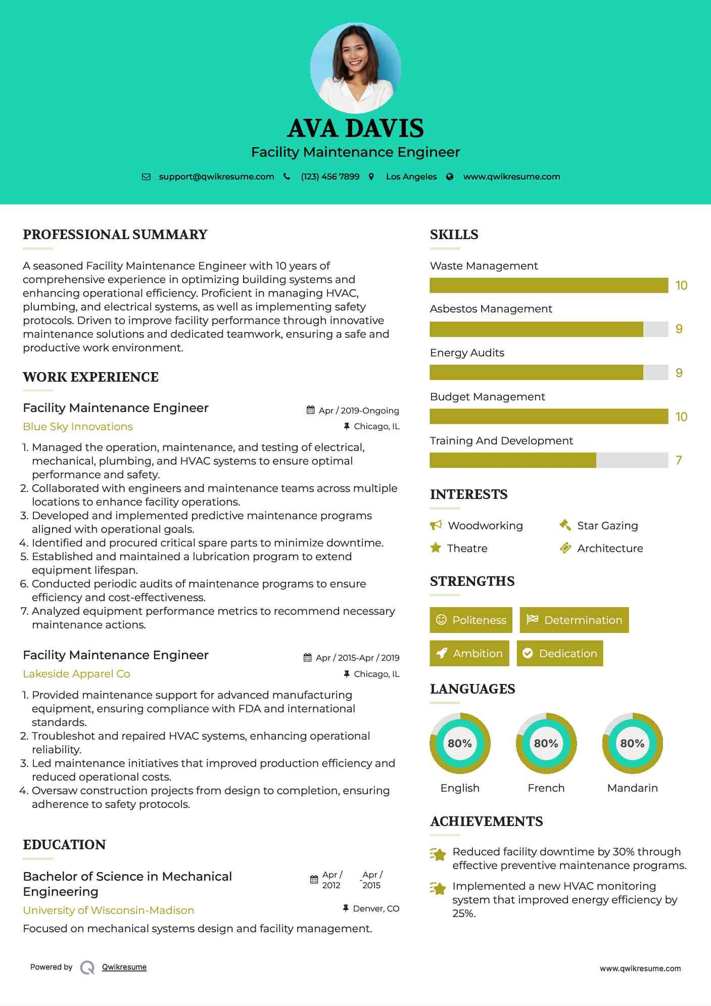 Facility Maintenance Engineer Resume Sample