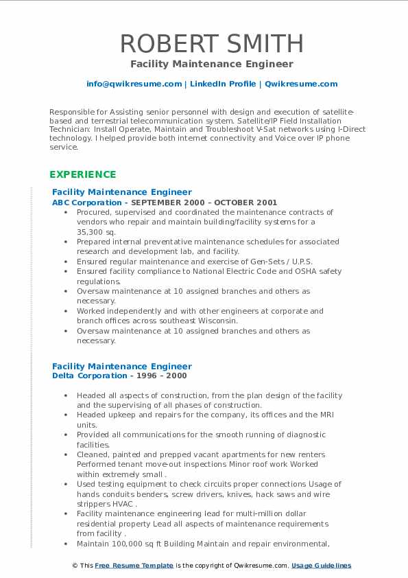 Facility Maintenance Engineer Resume Samples QwikResume