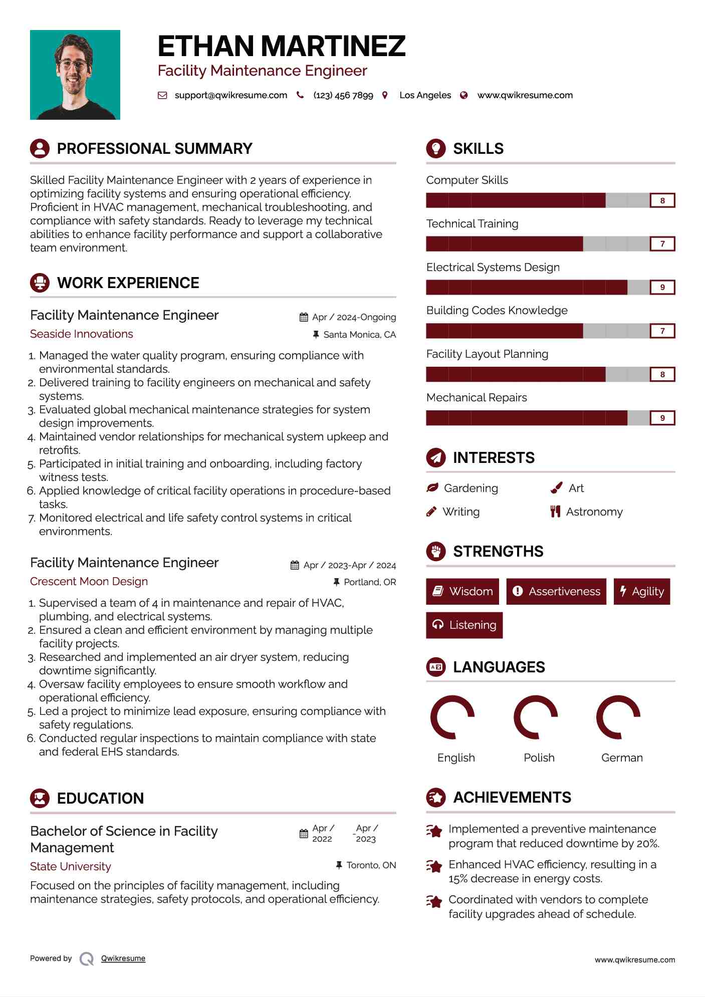 Facility Maintenance Engineer Resume Sample