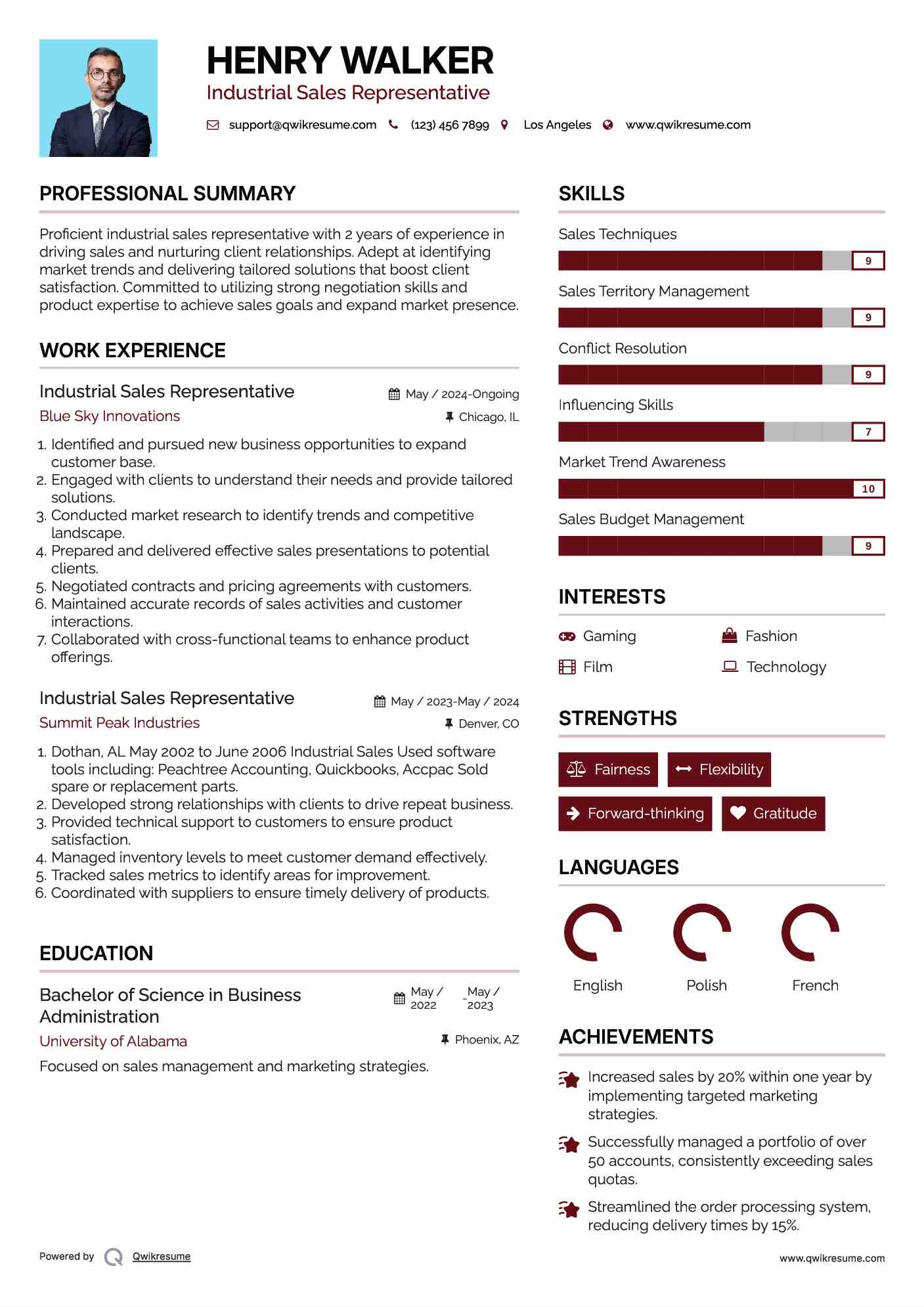 Industrial Sales Representative Resume Example