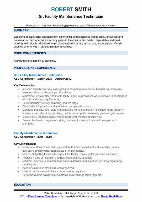 Facility Maintenance Technician Resume Samples QwikResume