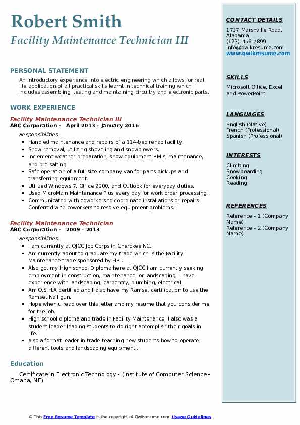 Facility Maintenance Technician Resume Samples QwikResume