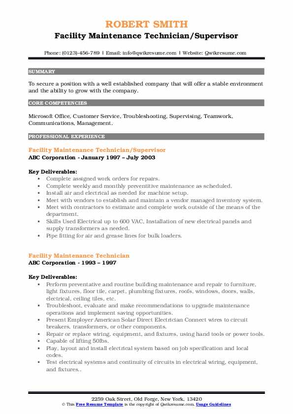 Facility Maintenance Technician Resume Samples QwikResume