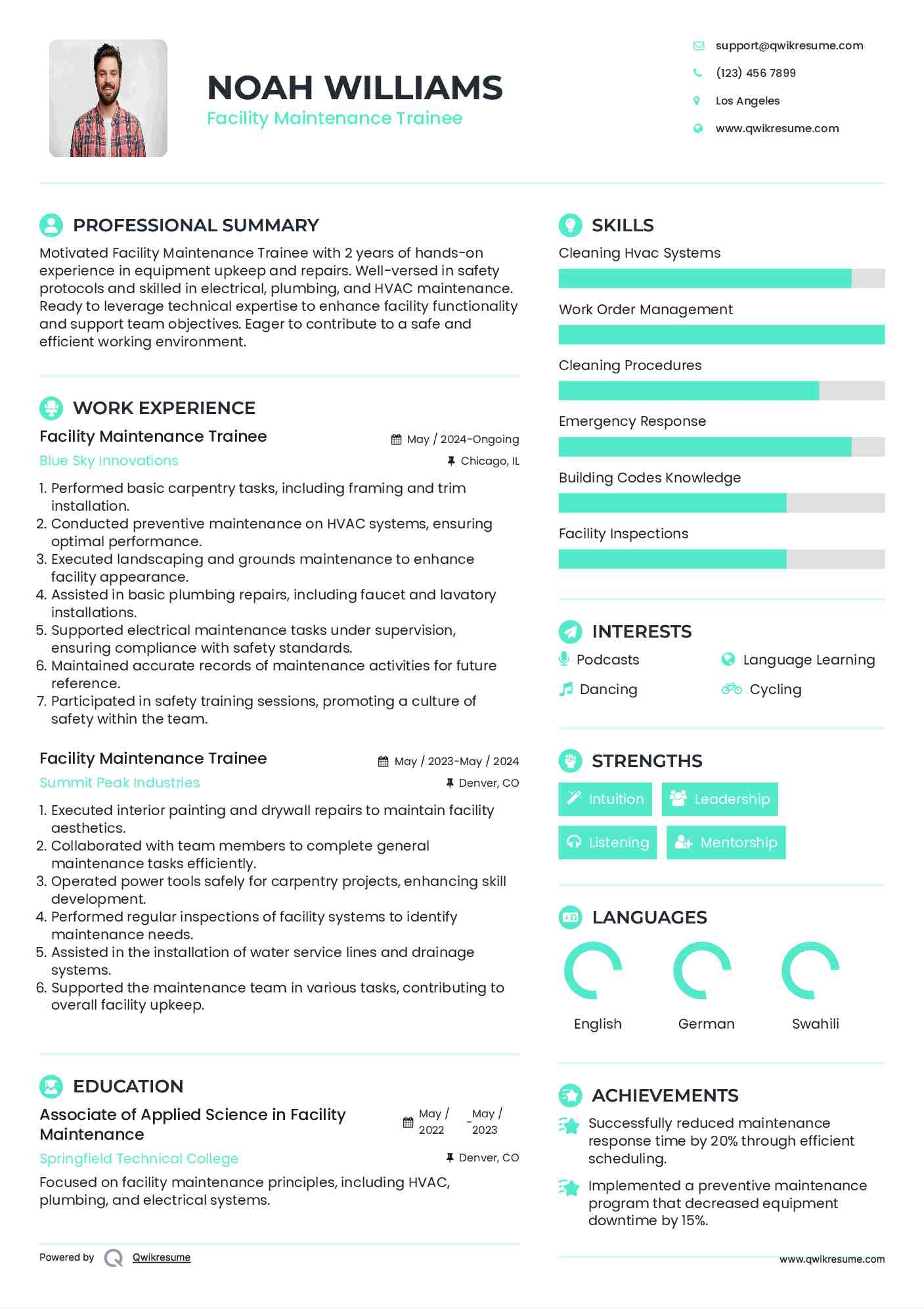 Facility Maintenance Trainee Resume Template