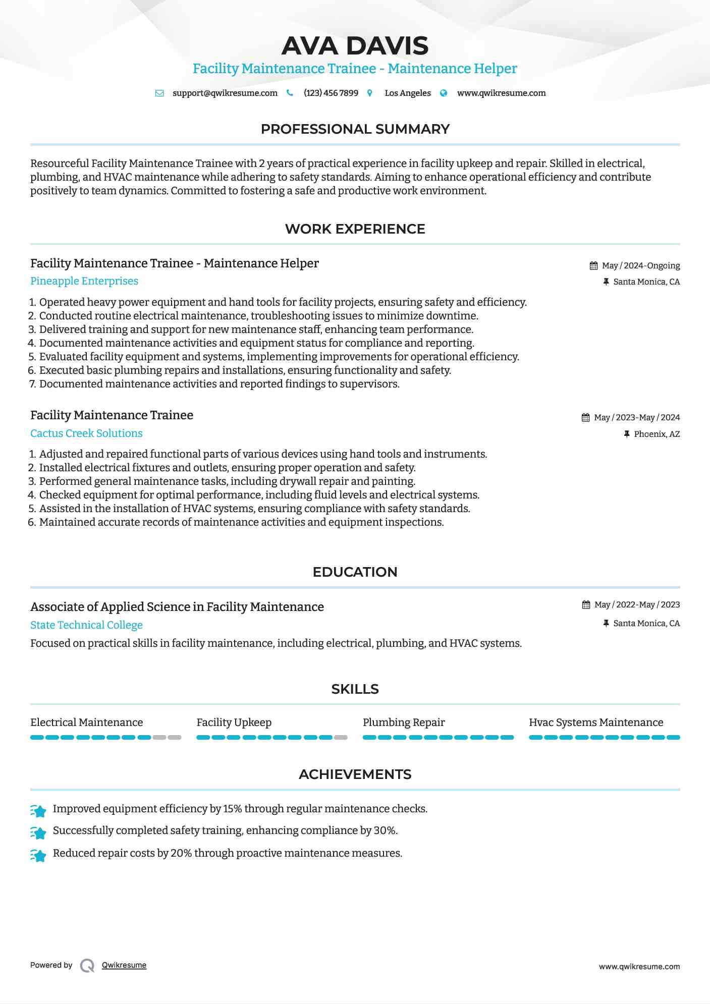 Facility Maintenance Trainee - Maintenance Helper Resume Sample