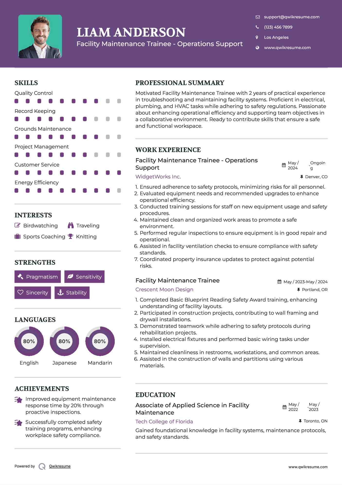 Facility Maintenance Trainee - Operations Support Resume Model