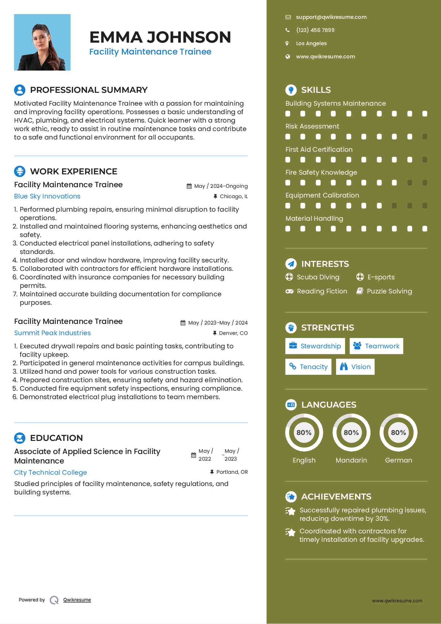 Facility Maintenance Trainee Resume Example