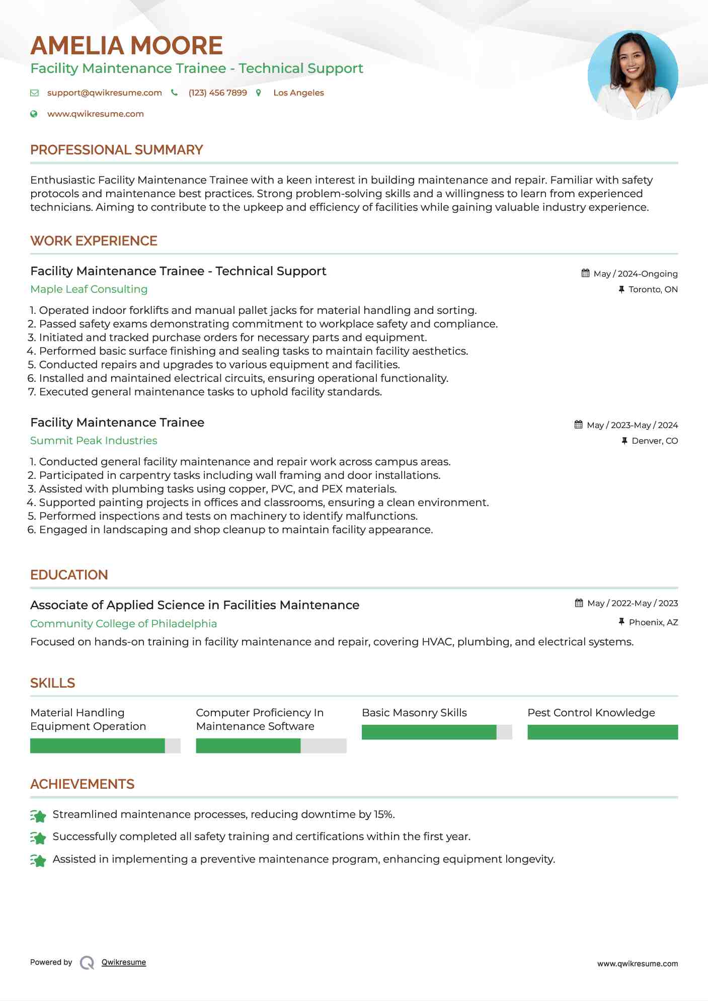 Facility Maintenance Trainee - Technical Support Resume Sample