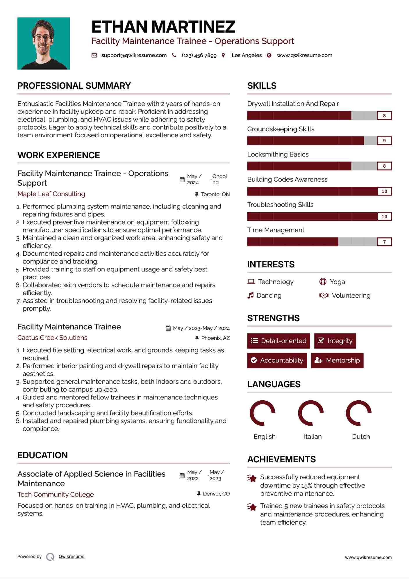 Facility Maintenance Trainee - Operations Support Resume Template