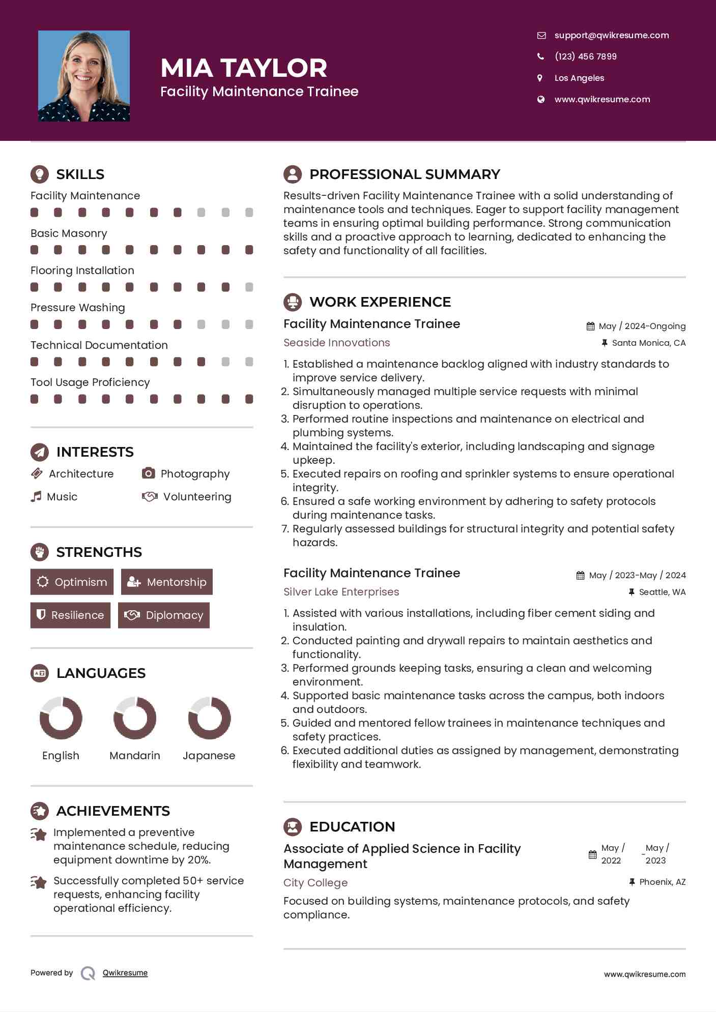 Facility Maintenance Trainee Resume Sample