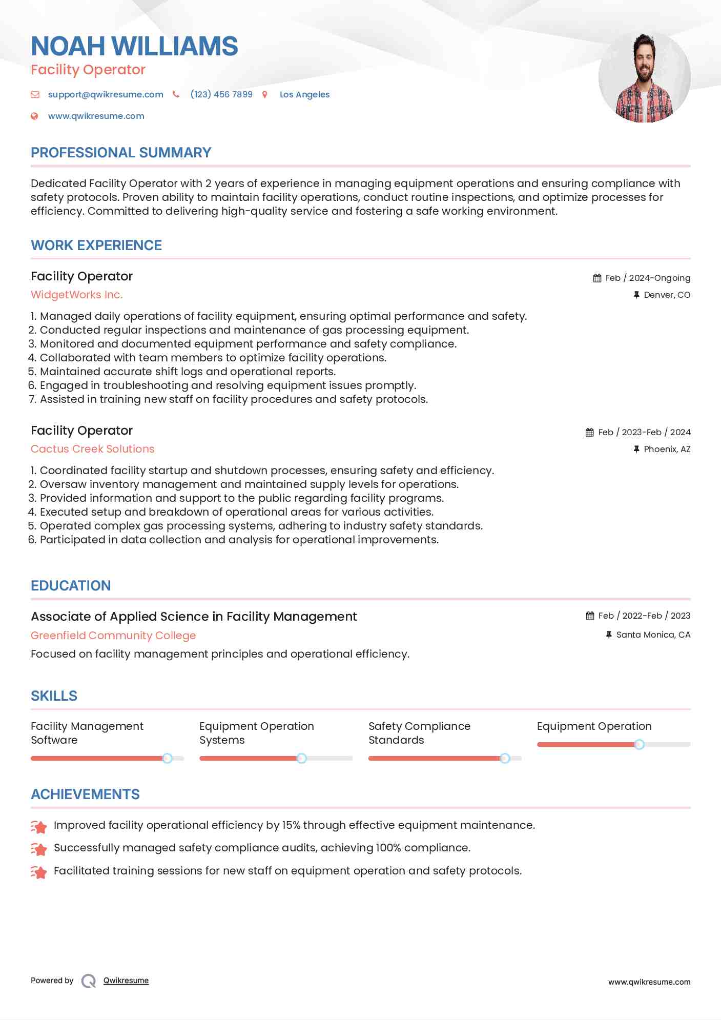 Facility Operator Resume Sample