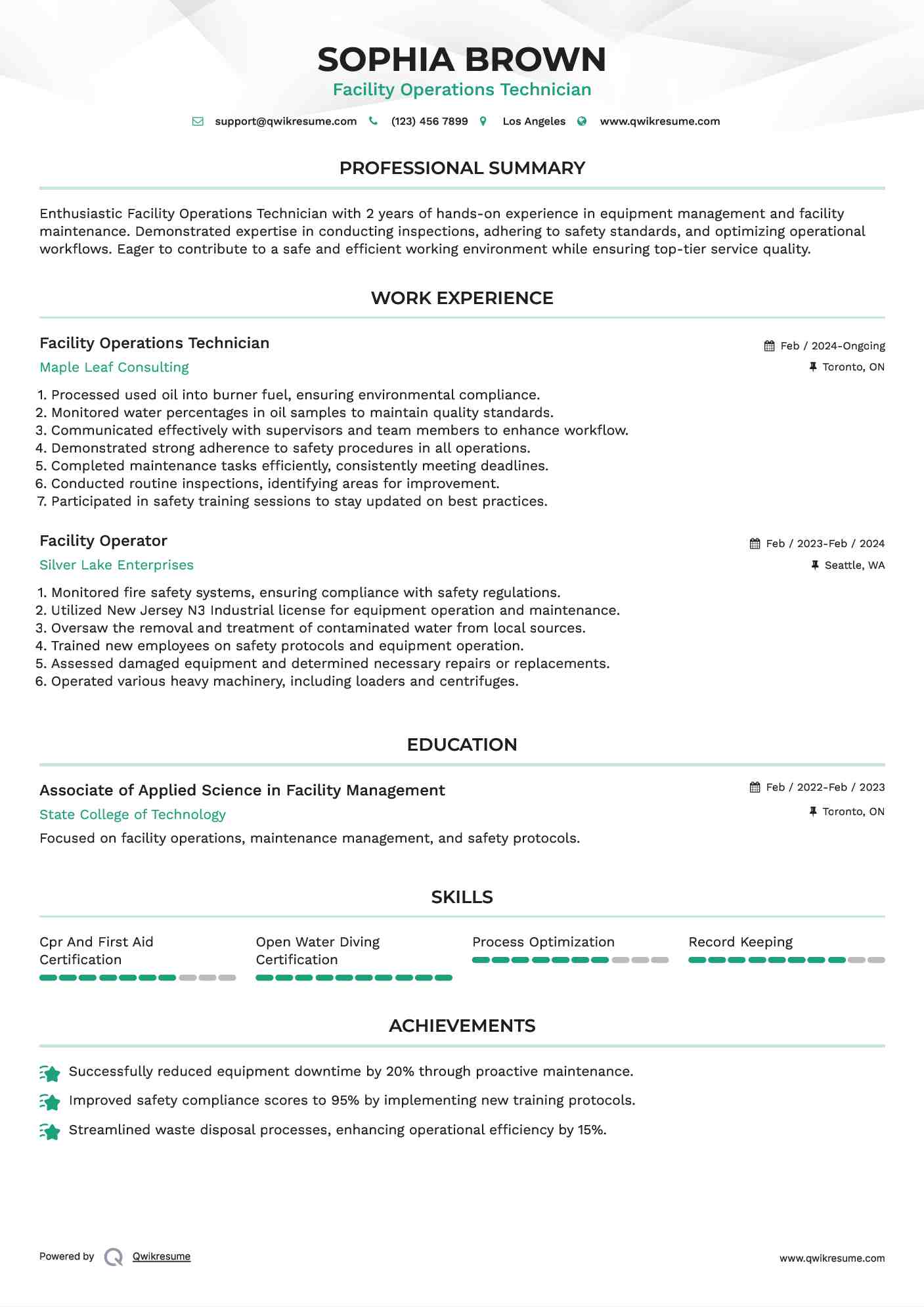 Facility Operations Technician Resume Format