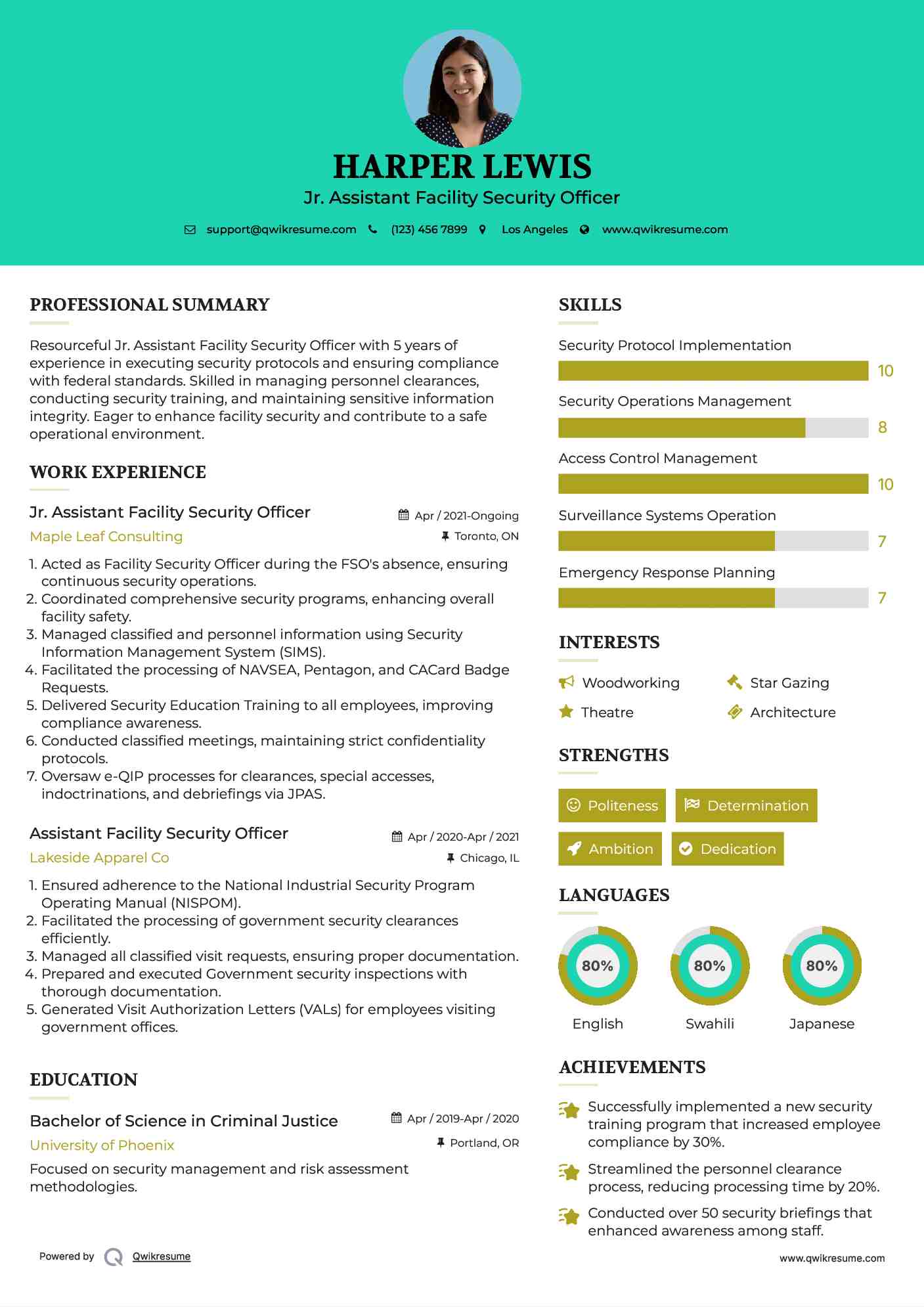 Jr. Assistant Facility Security Officer Resume Format