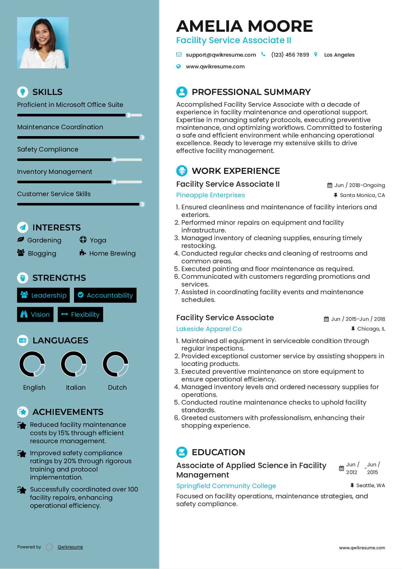 Facility Service Associate II Resume Template