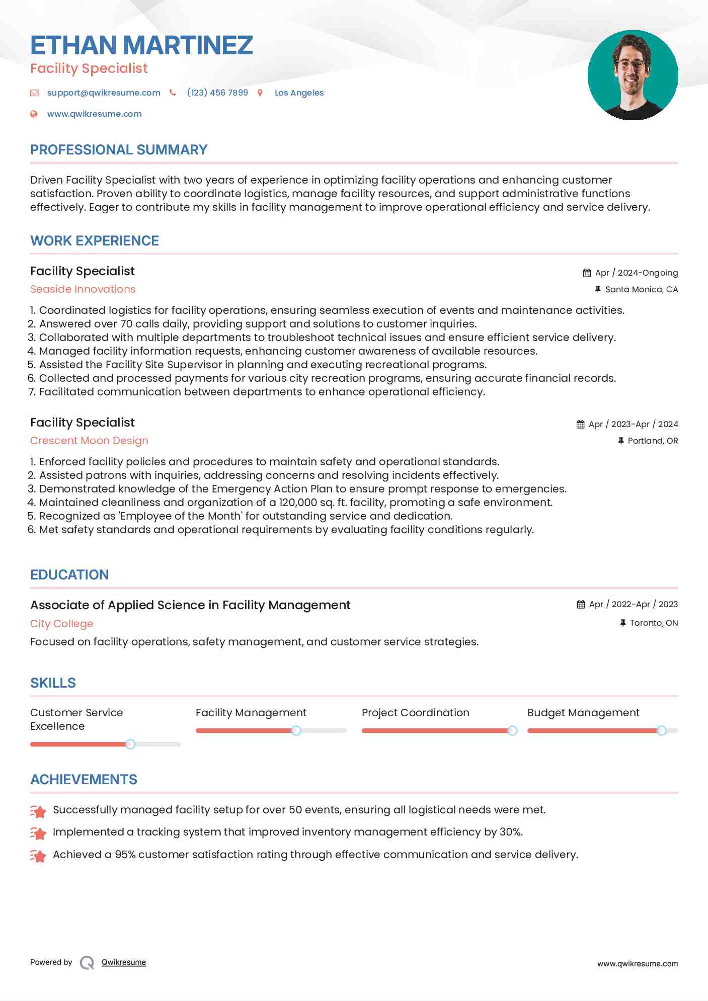 Facility Specialist Resume Example