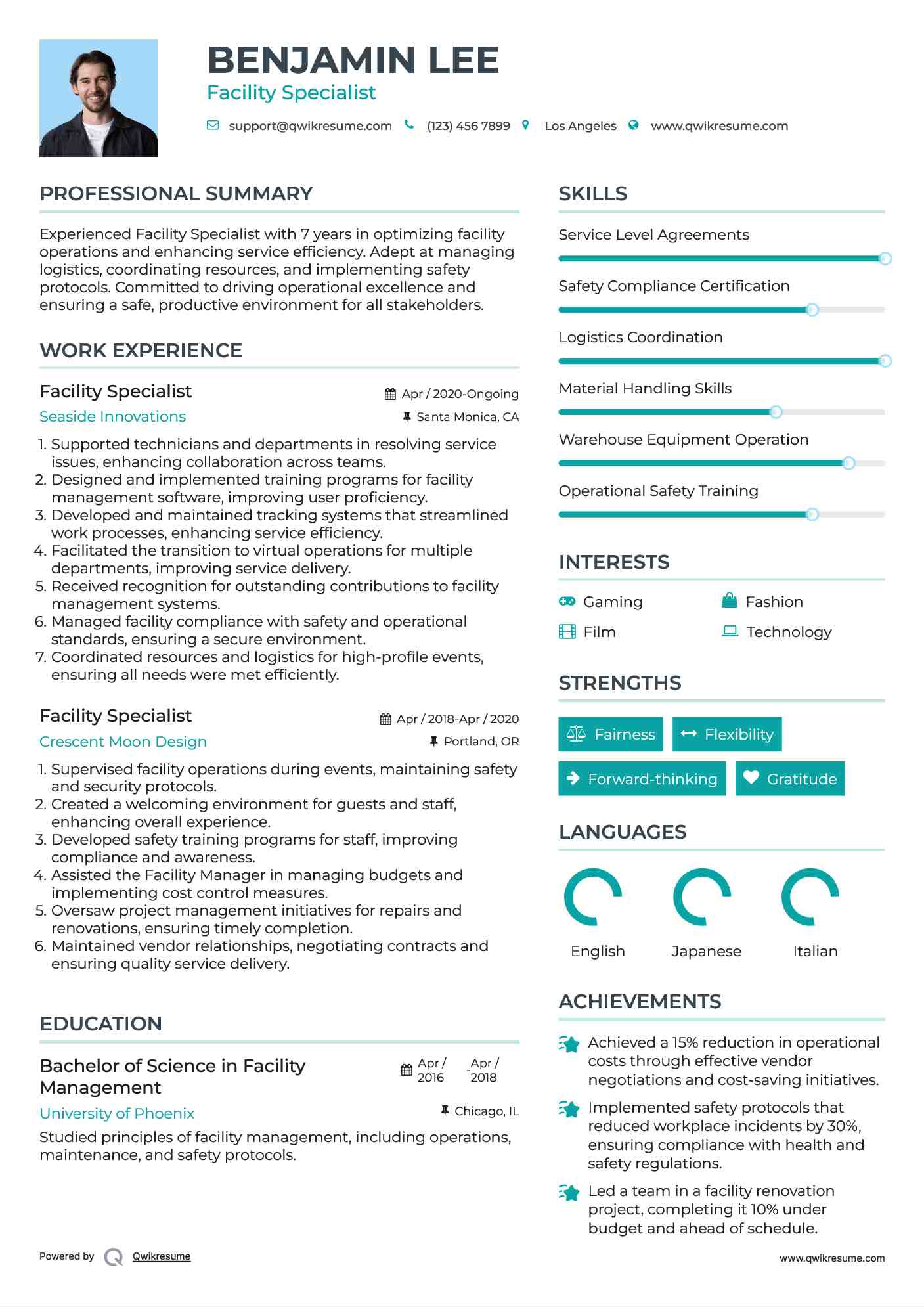 Facility Specialist Resume Sample