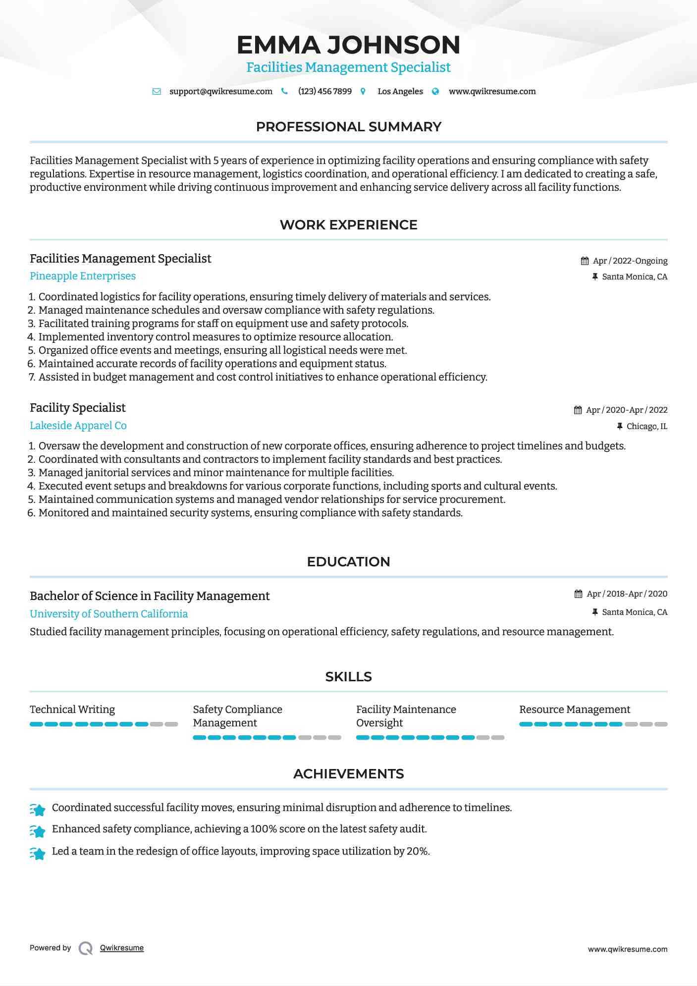Facilities Management Specialist Resume Sample