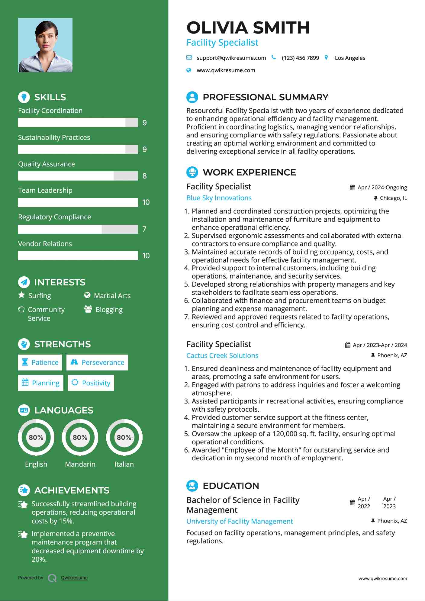 Facility Specialist Resume Example