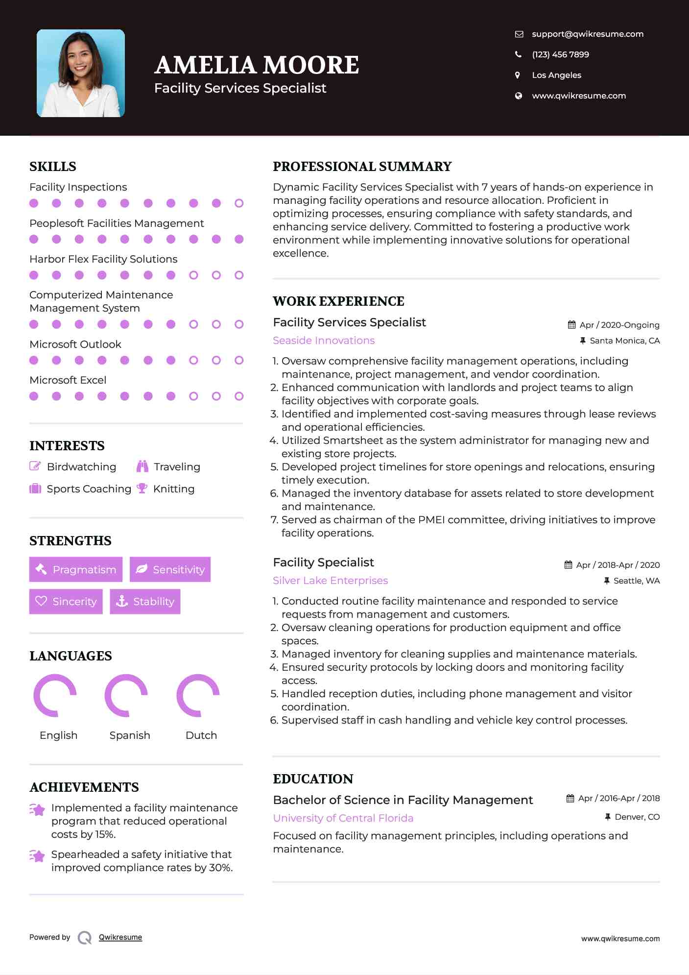 Facility Services Specialist Resume Sample