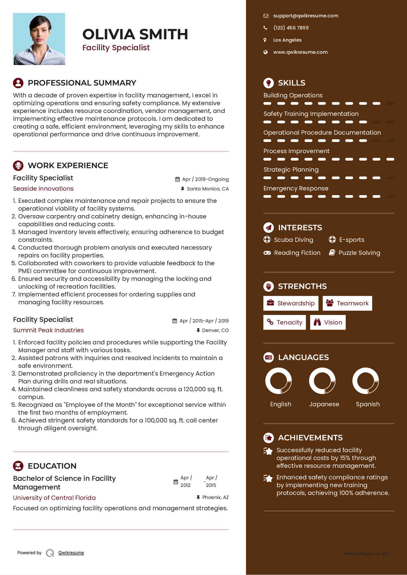 Facility Specialist Resume Model