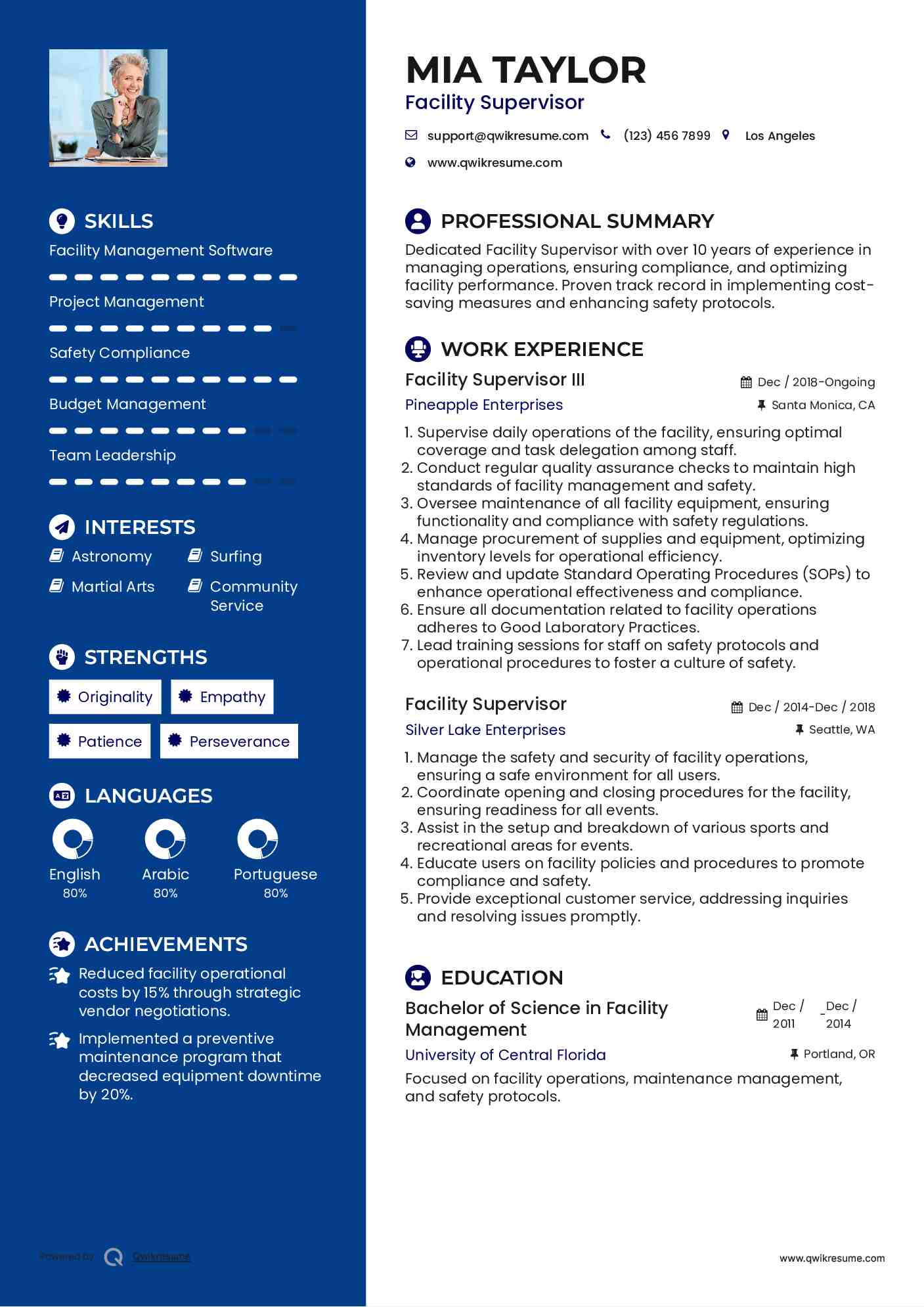 Facility Supervisor III Resume Example