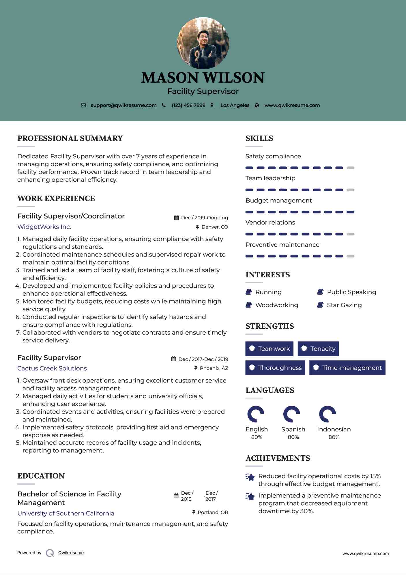 Facility Supervisor/Coordinator Resume Model