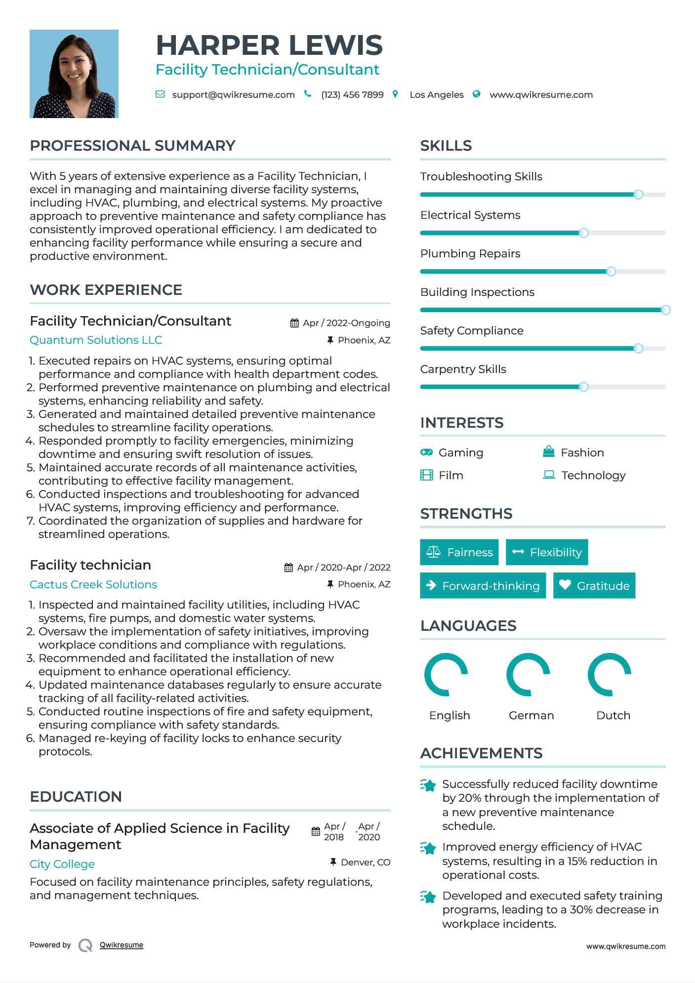 Facility Technician/Consultant Resume Sample