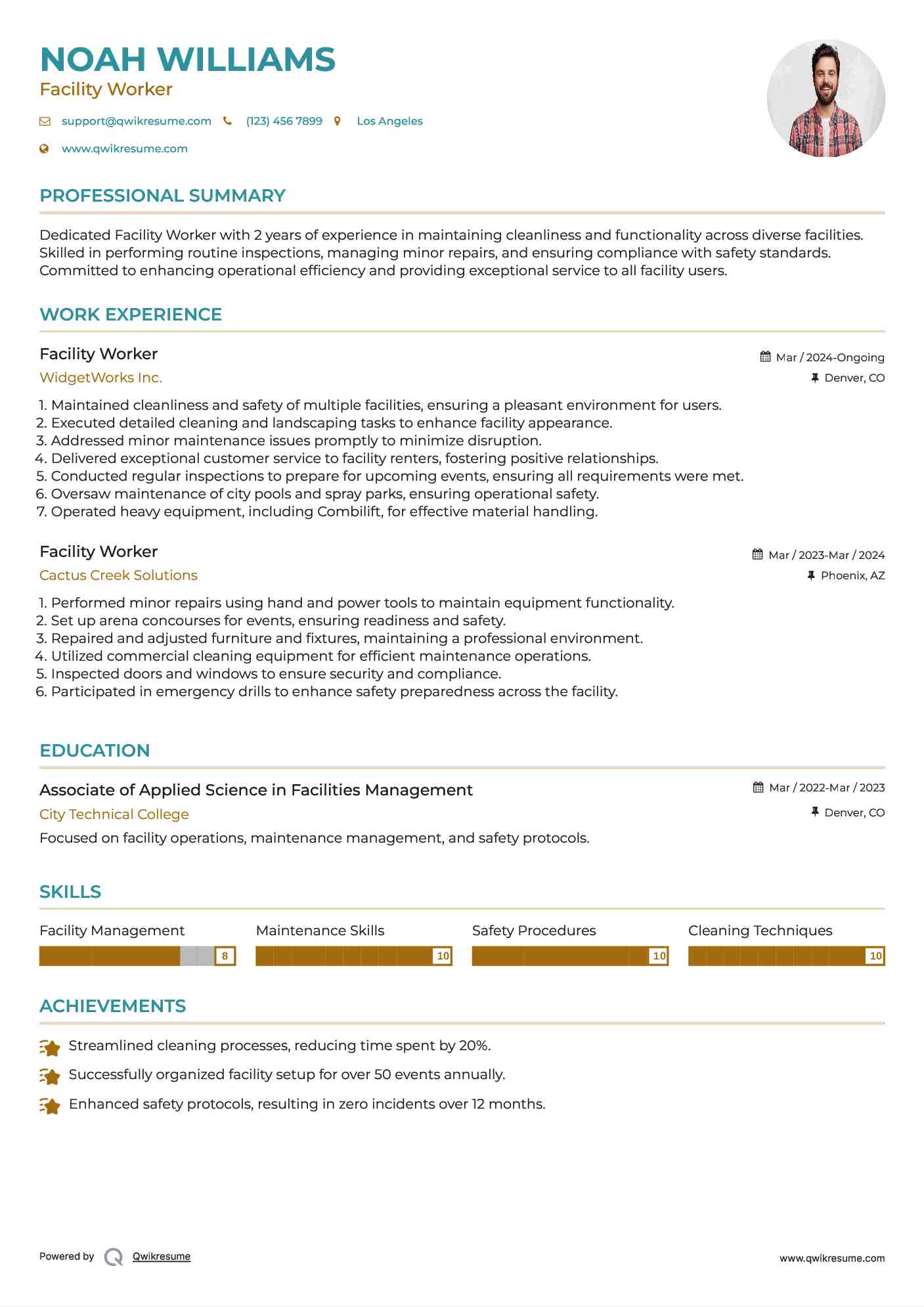 Facility Worker Resume Sample