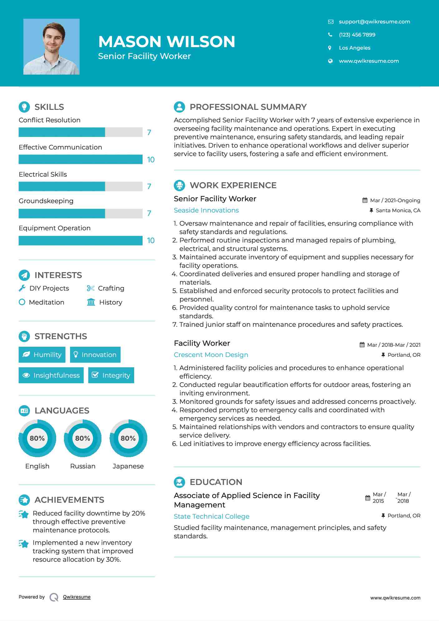 Senior Facility Worker Resume Sample